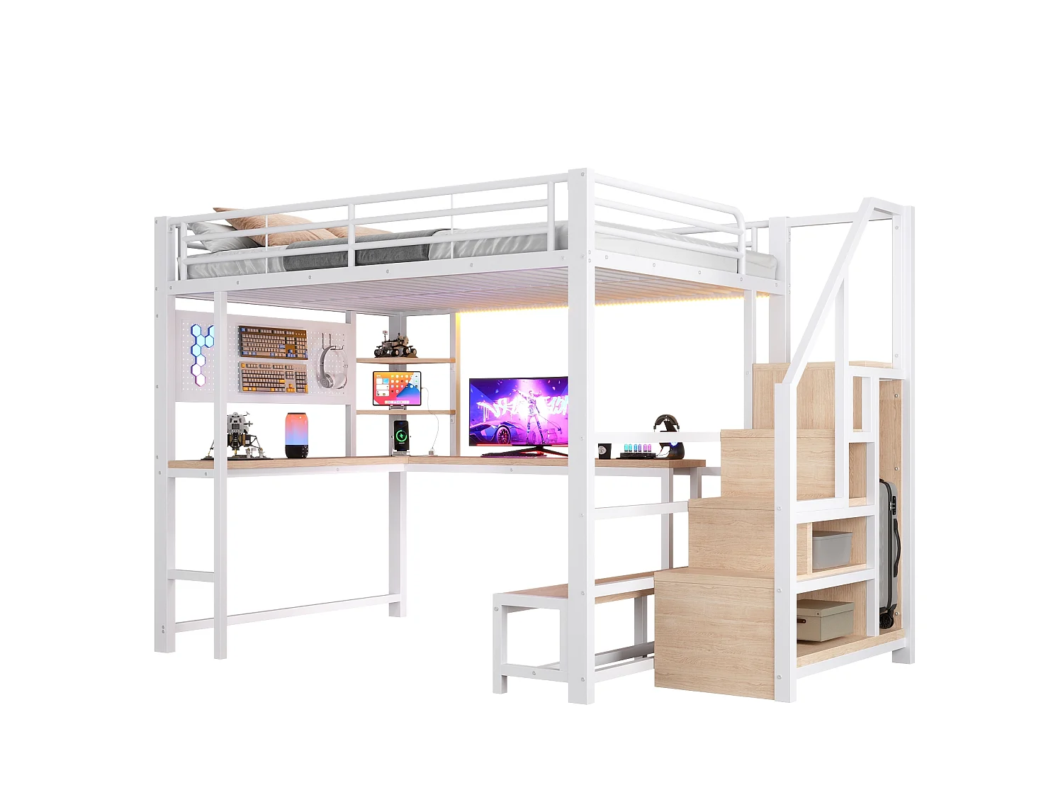 Cama alta 140x200 cm de metal y MDF blanco con escritorio, espacios de almacenamiento, LED y puertos USB y Type‑C, sin colchón