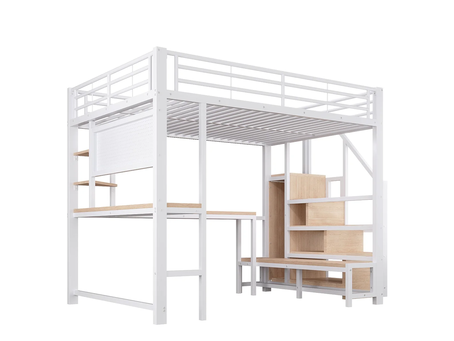 Cama alta 140x200 cm de metal y MDF blanco con escritorio, espacios de almacenamiento, LED y puertos USB y Type‑C, sin colchón