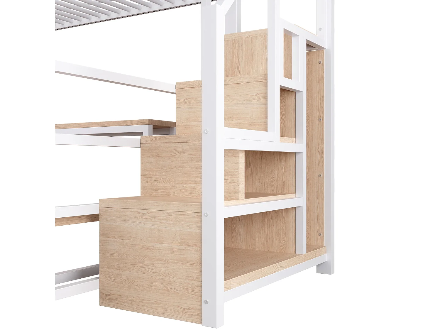 Cama alta 140x200 cm de metal y MDF blanco con escritorio, espacios de almacenamiento, LED y puertos USB y Type‑C, sin colchón