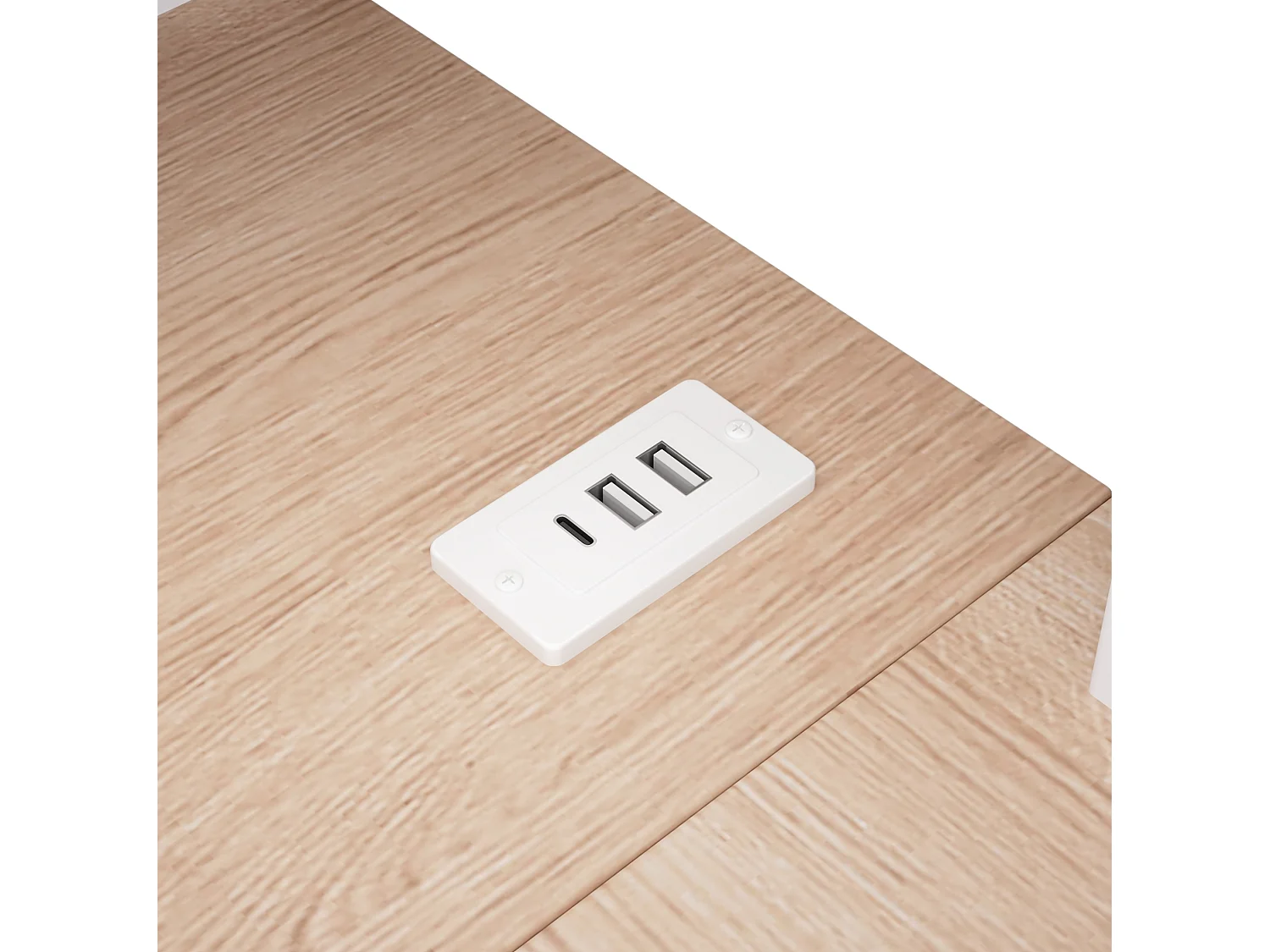 Cama alta 140x200 cm de metal y MDF blanco con escritorio, espacios de almacenamiento, LED y puertos USB y Type‑C, sin colchón