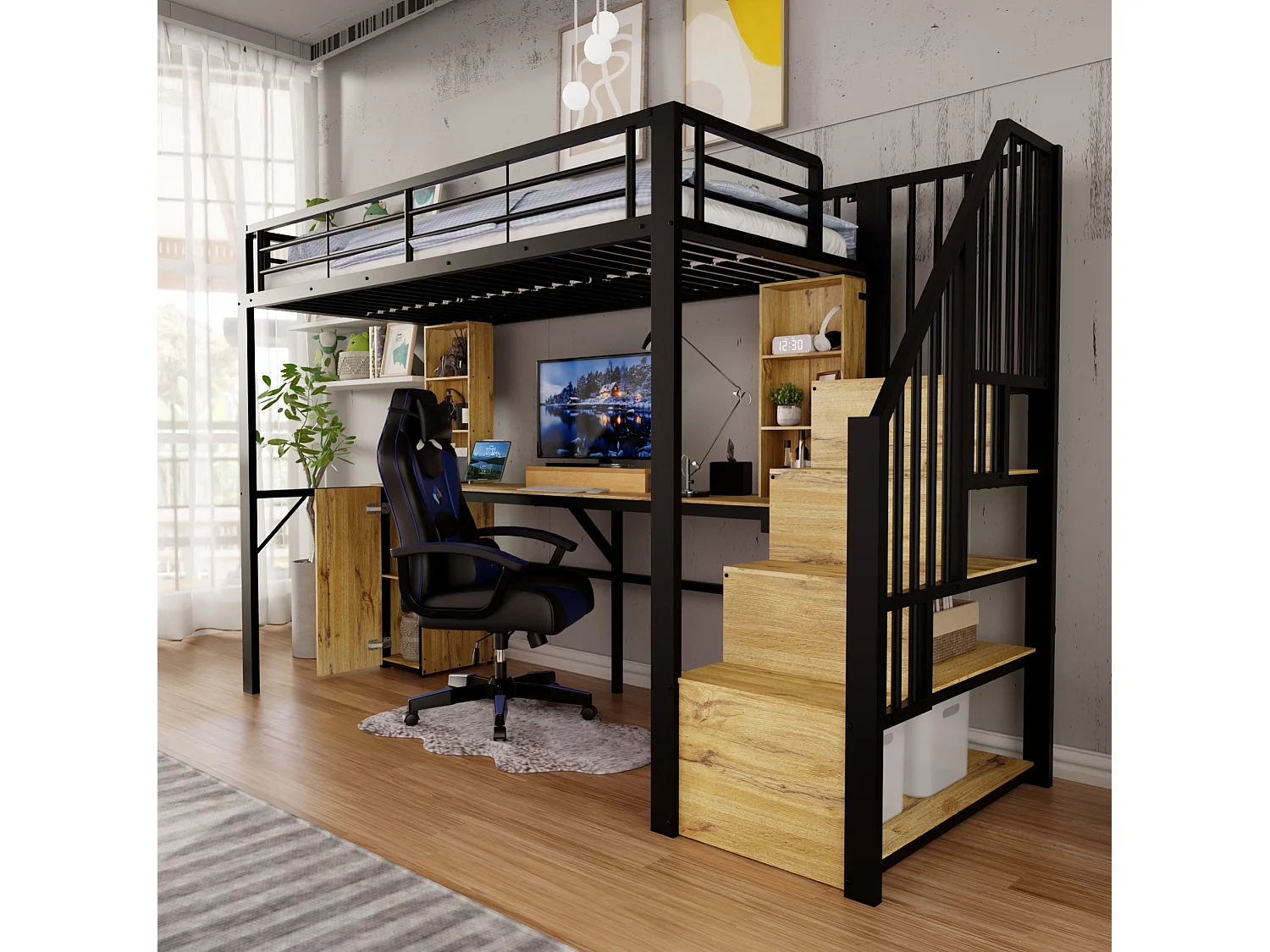 Hoogslaper 90x200 cm van zwart metaal en hout met bureau, kast, opbergruimte en USB‑poort, zonder matras