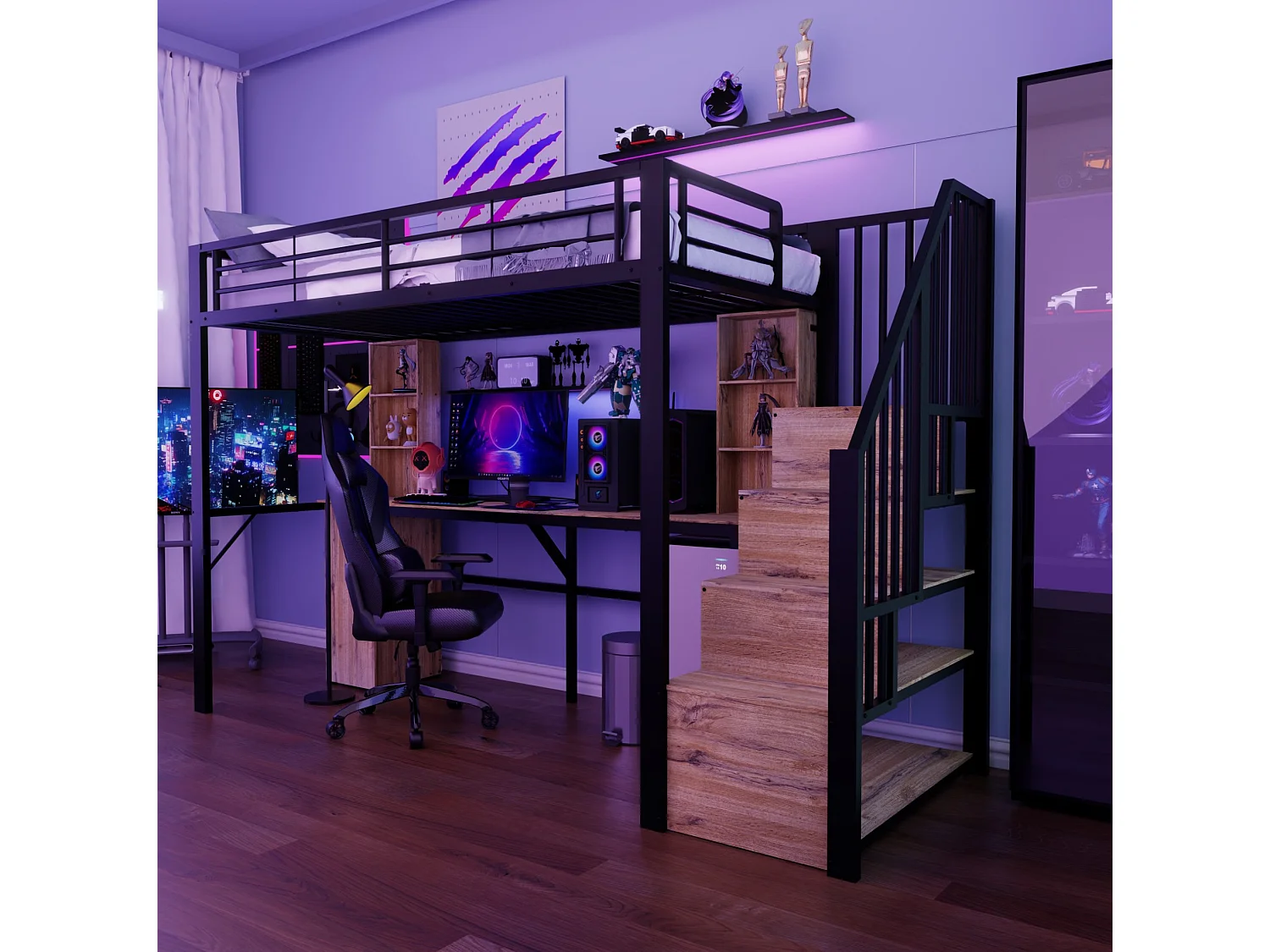 Hoogslaper 90x200 cm van zwart metaal en hout met bureau, kast, opbergruimte en USB‑poort, zonder matras