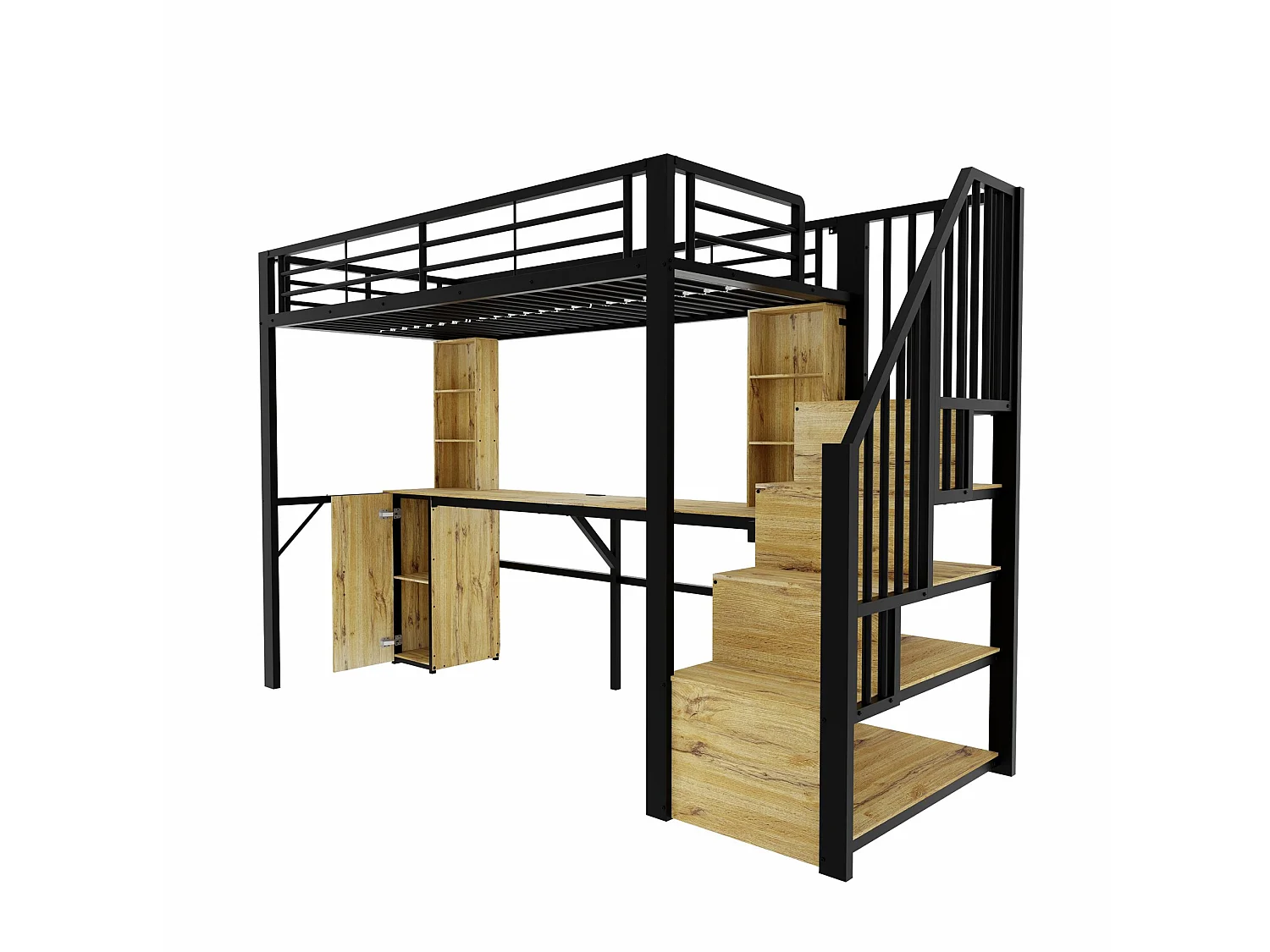 Hoogslaper 90x200 cm van zwart metaal en hout met bureau, kast, opbergruimte en USB‑poort, zonder matras
