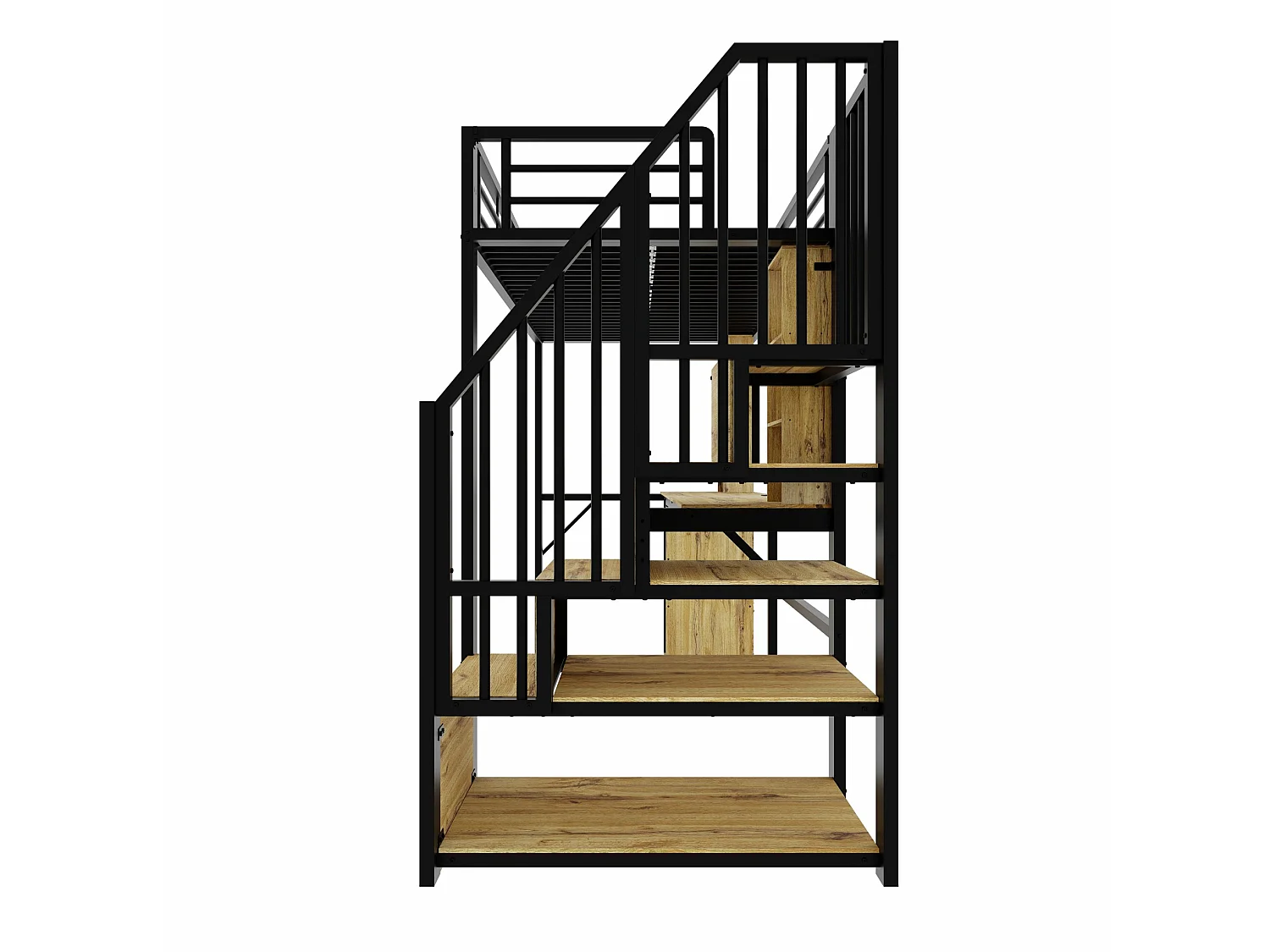 Hoogslaper 90x200 cm van zwart metaal en hout met bureau, kast, opbergruimte en USB‑poort, zonder matras