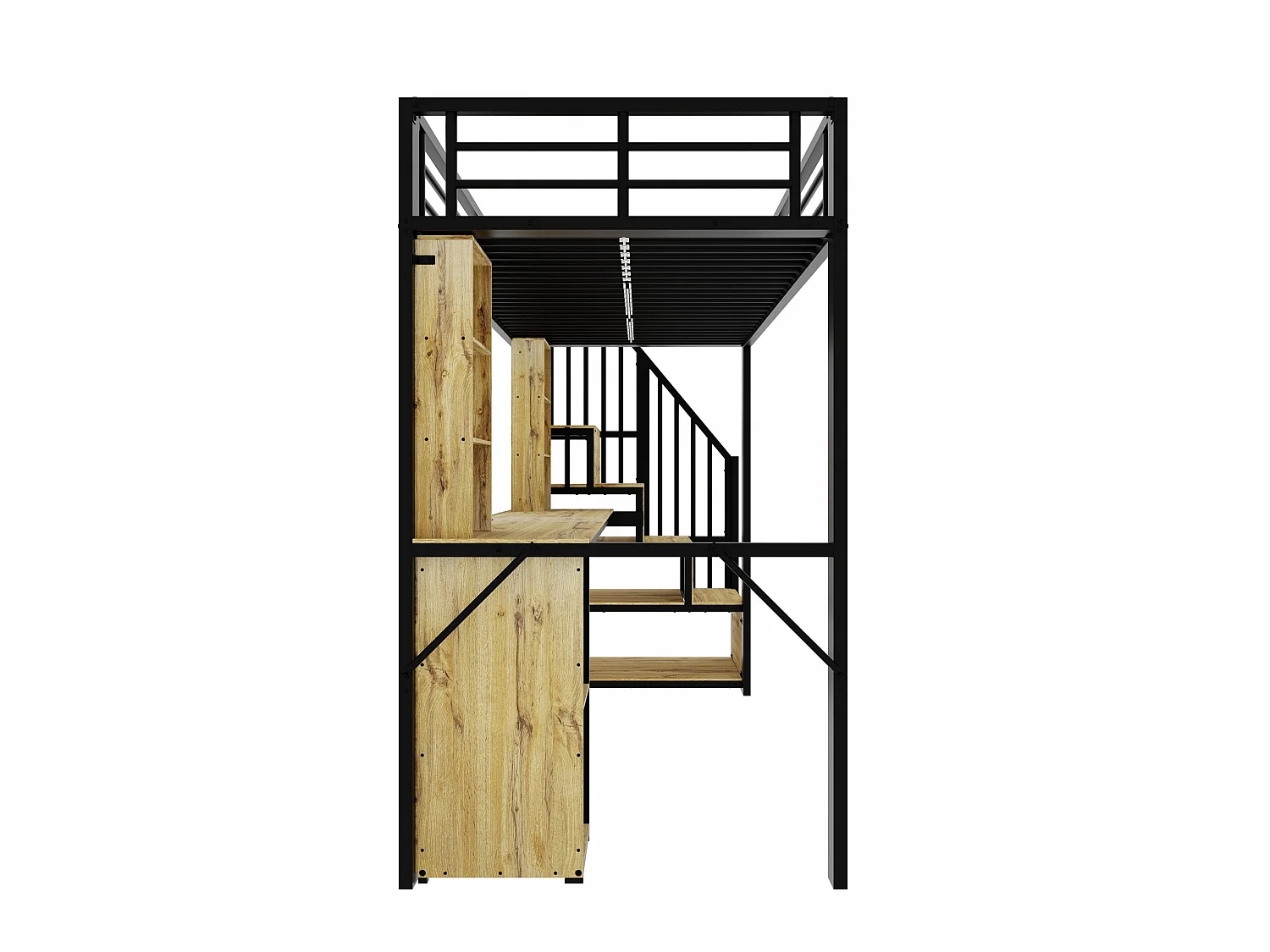 Hoogslaper 90x200 cm van zwart metaal en hout met bureau, kast, opbergruimte en USB‑poort, zonder matras