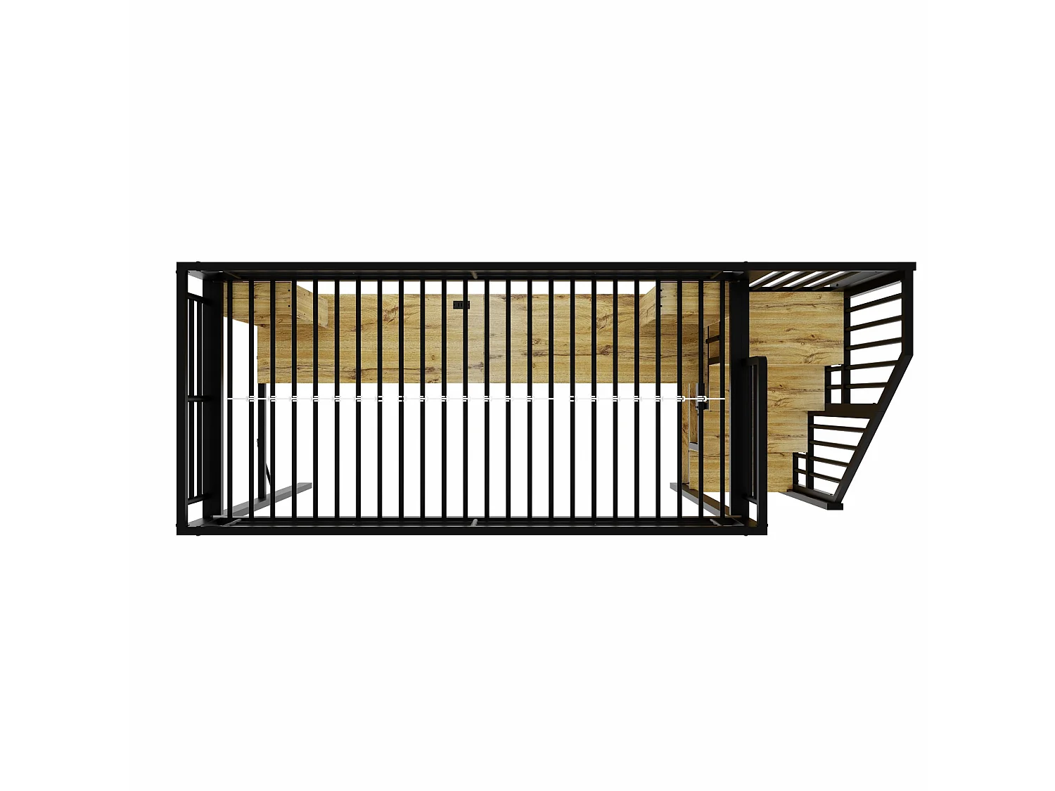 Hoogslaper 90x200 cm van zwart metaal en hout met bureau, kast, opbergruimte en USB‑poort, zonder matras