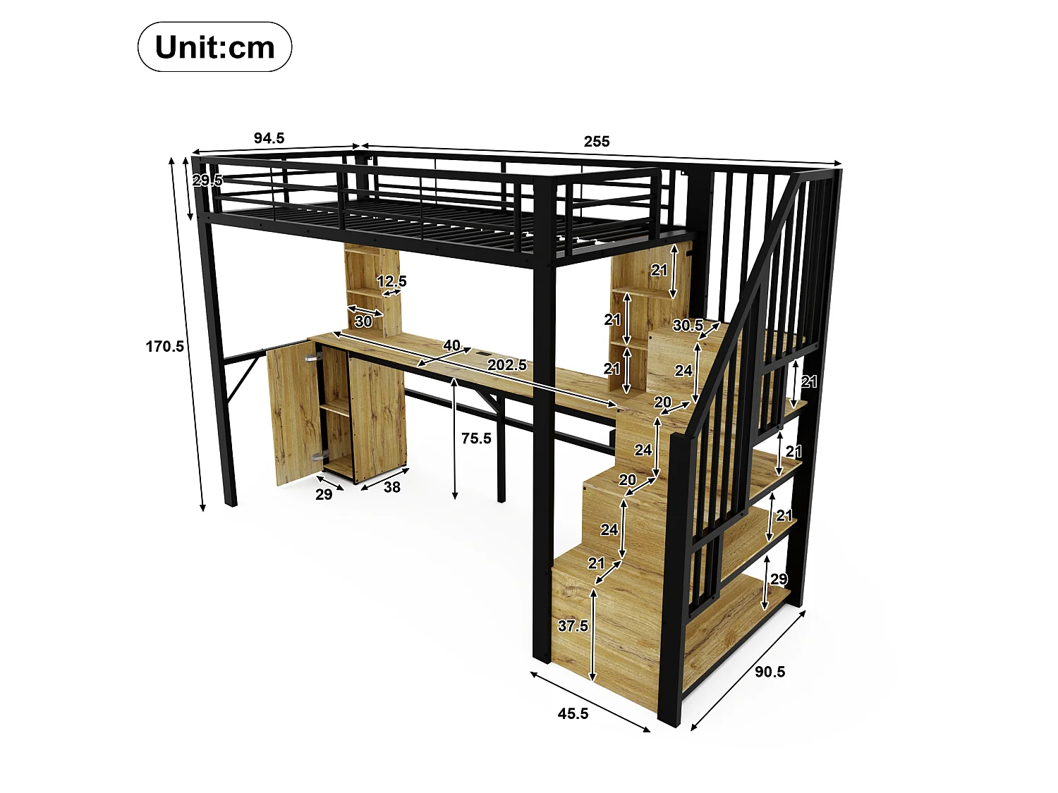 Hoogslaper 90x200 cm van zwart metaal en hout met bureau, kast, opbergruimte en USB‑poort, zonder matras