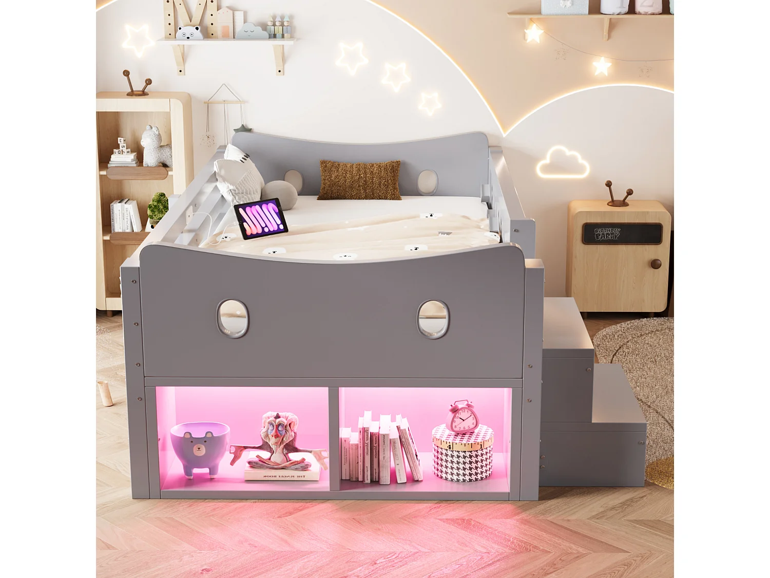 Lit enfant 90x200 cm en bois gris, 4 tiroirs et 2 niches, éclairage LED, ports USB et Type‑C, sans matelas