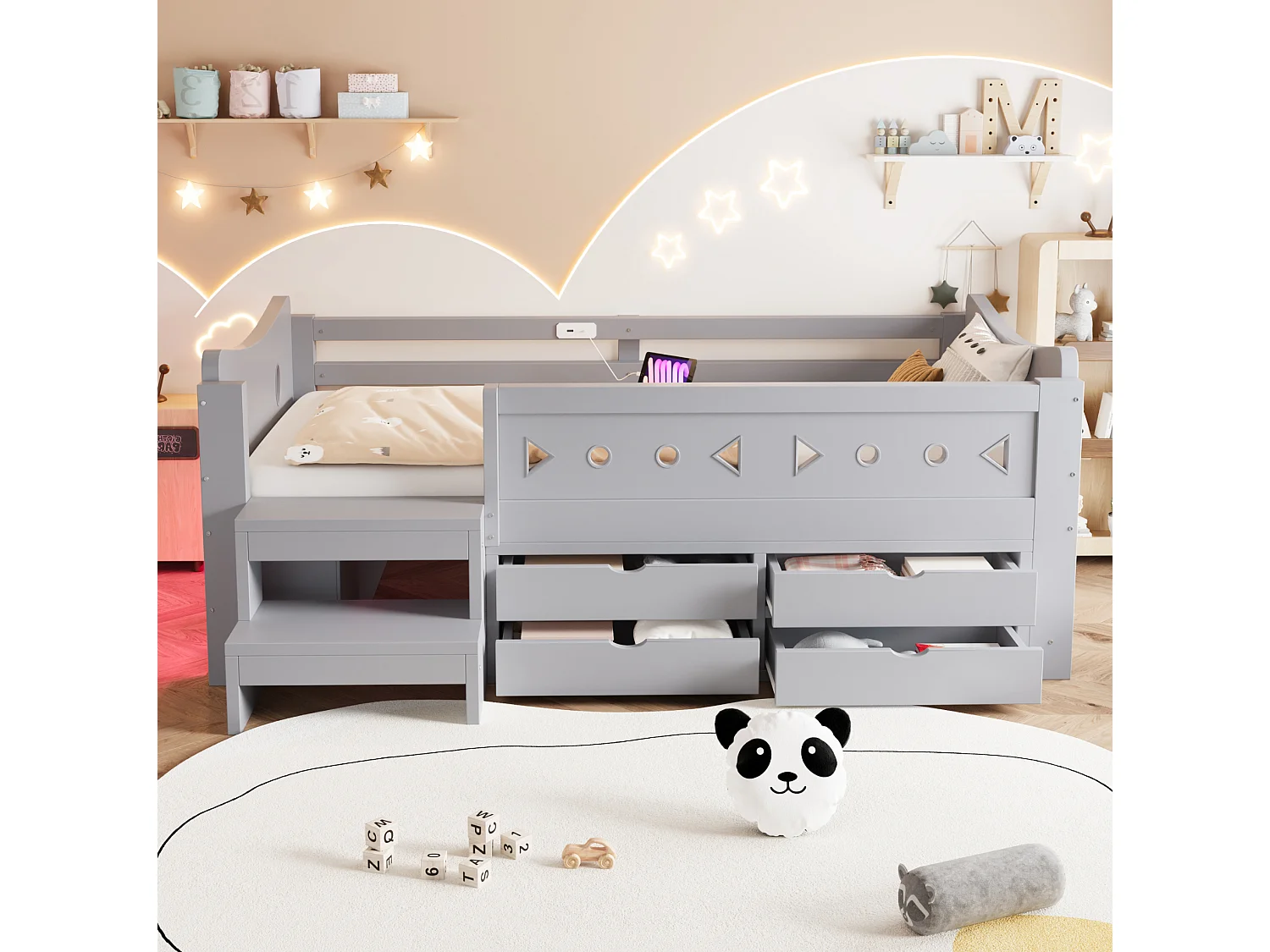 Lit enfant 90x200 cm en bois gris, 4 tiroirs et 2 niches, éclairage LED, ports USB et Type‑C, sans matelas