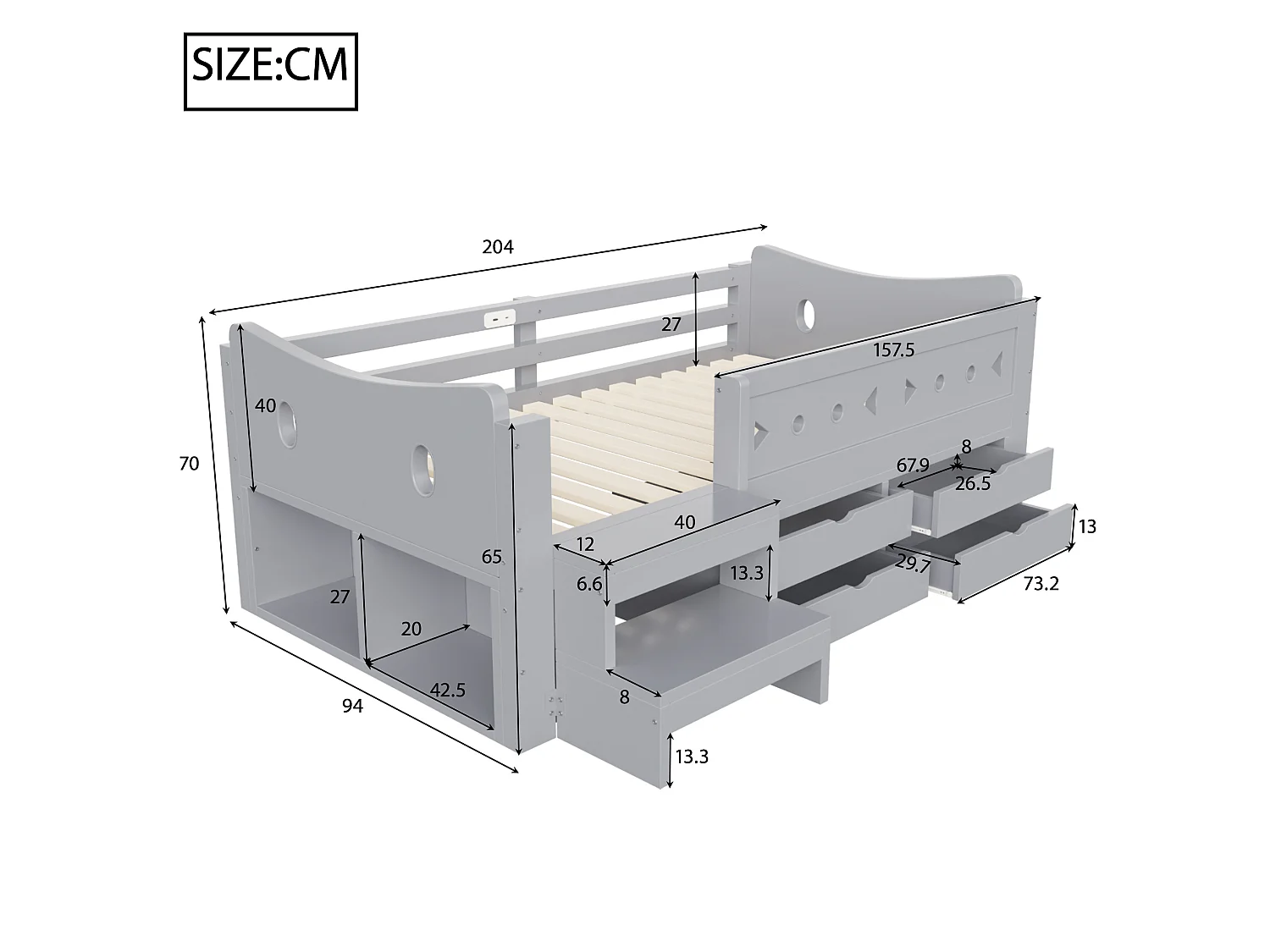 Lit enfant 90x200 cm en bois gris, 4 tiroirs et 2 niches, éclairage LED, ports USB et Type‑C, sans matelas