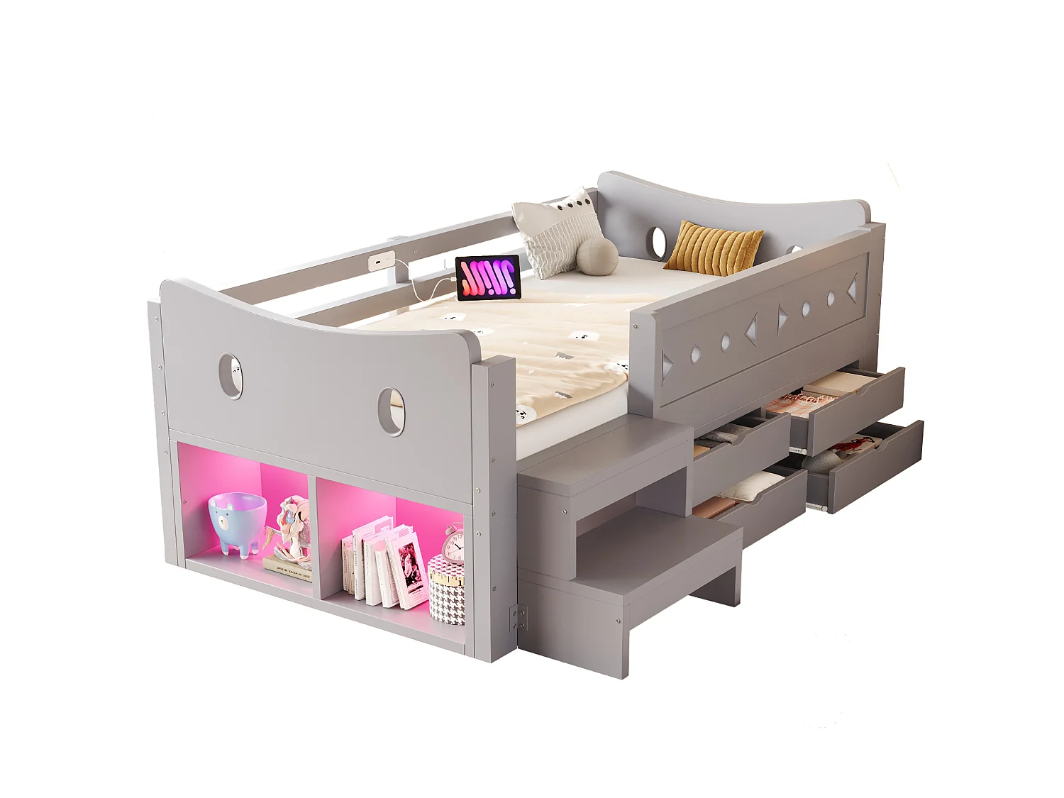 Lit enfant 90x200 cm en bois gris, 4 tiroirs et 2 niches, éclairage LED, ports USB et Type‑C, sans matelas