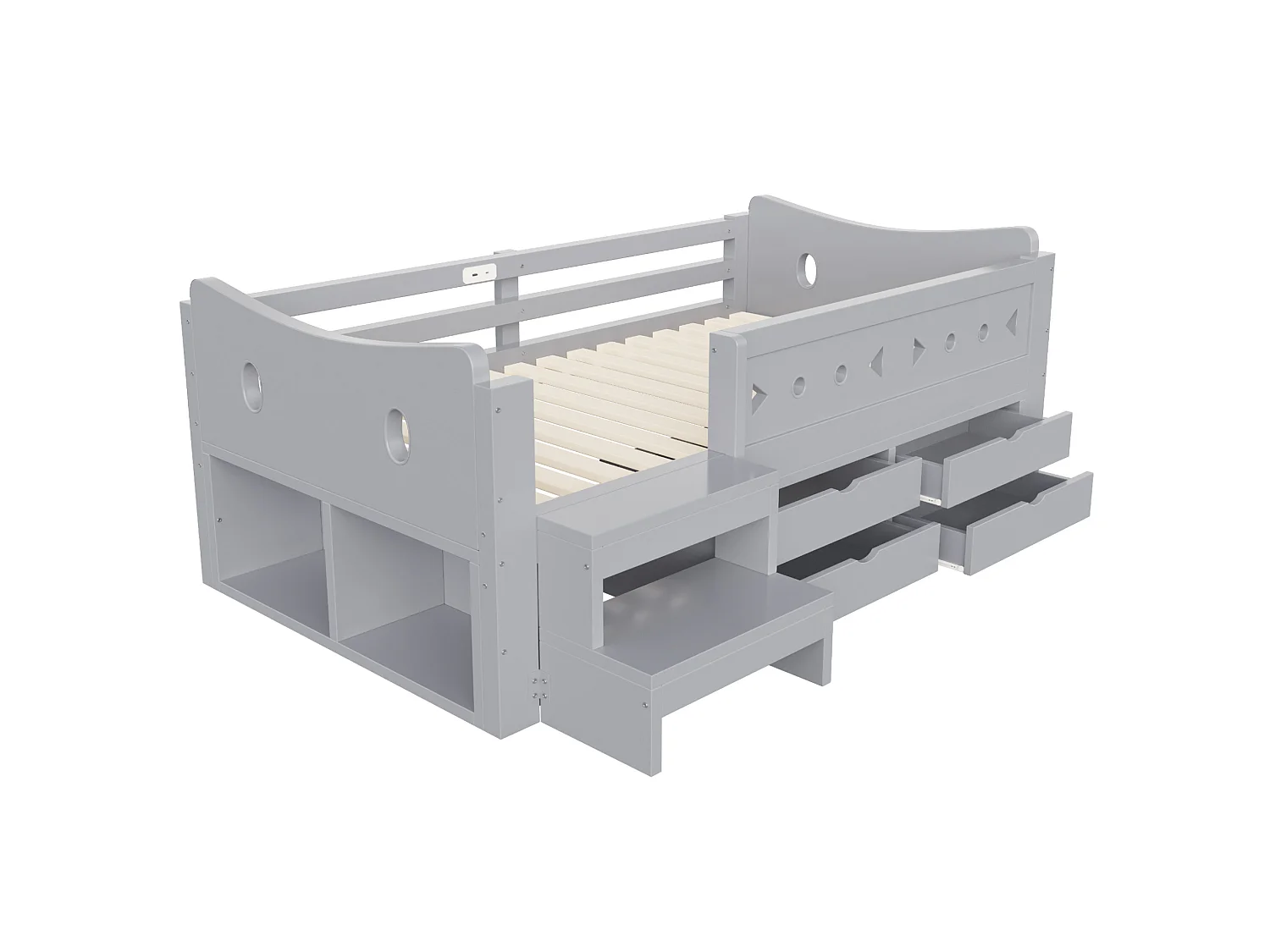 Lit enfant 90x200 cm en bois gris, 4 tiroirs et 2 niches, éclairage LED, ports USB et Type‑C, sans matelas