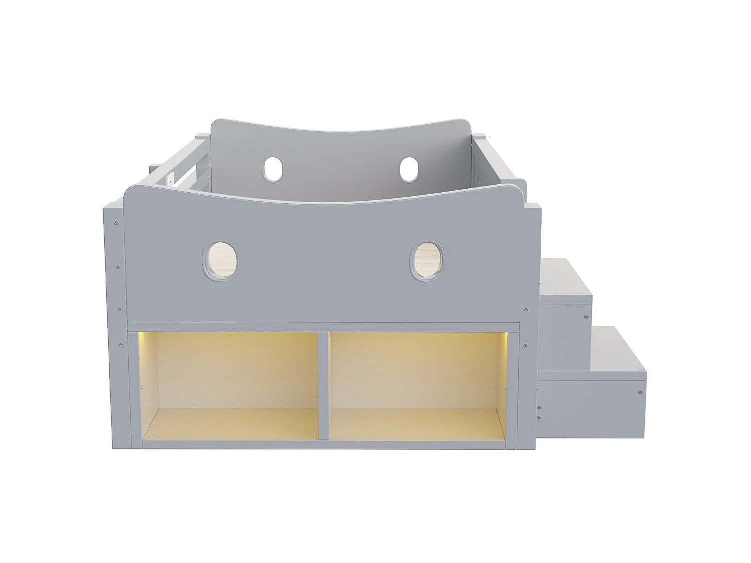 Lit enfant 90x200 cm en bois gris, 4 tiroirs et 2 niches, éclairage LED, ports USB et Type‑C, sans matelas
