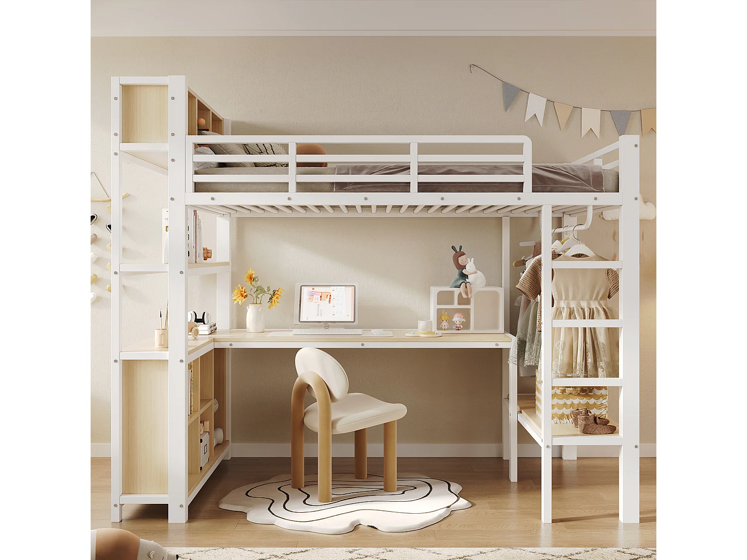 Cama alta 90x200 cm de metal y MDF blanco con escritorio, armario colgante y espacios de almacenamiento, sin colchón