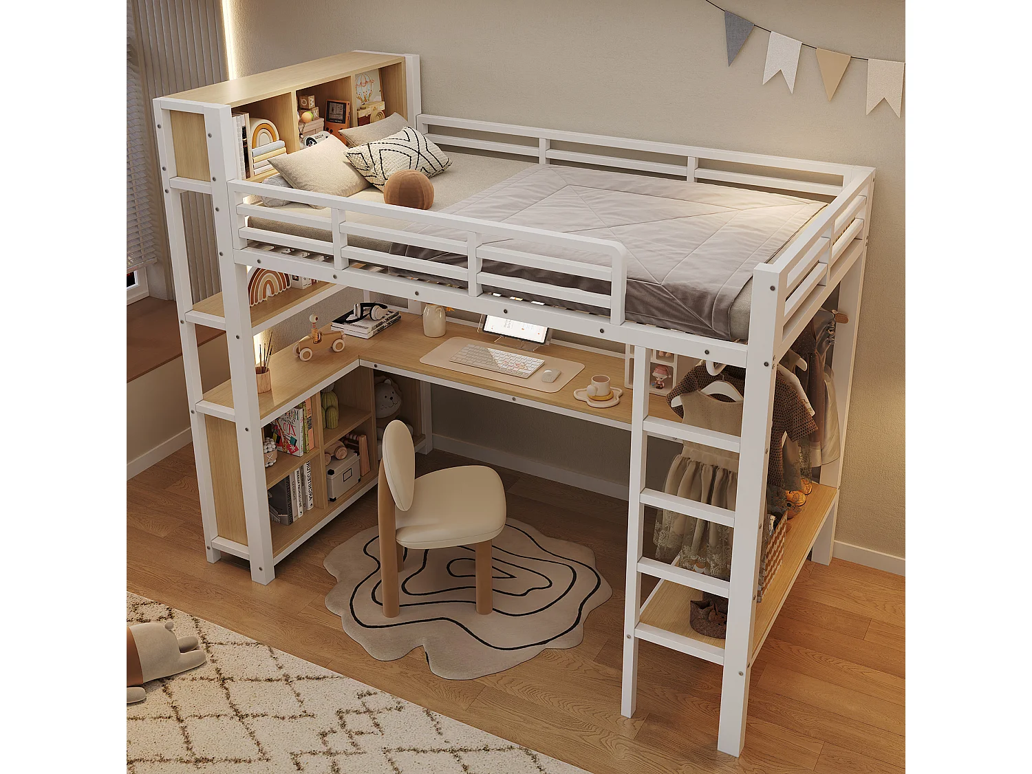 Cama alta 90x200 cm de metal y MDF blanco con escritorio, armario colgante y espacios de almacenamiento, sin colchón