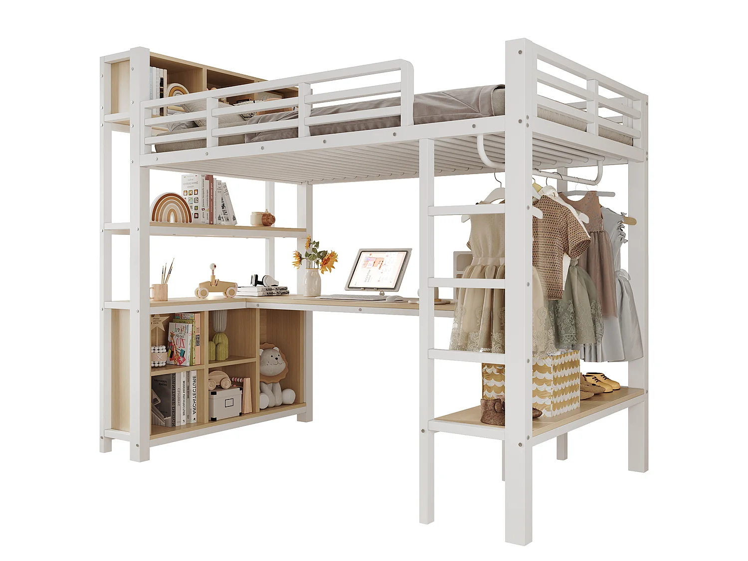 Cama alta 90x200 cm de metal y MDF blanco con escritorio, armario colgante y espacios de almacenamiento, sin colchón