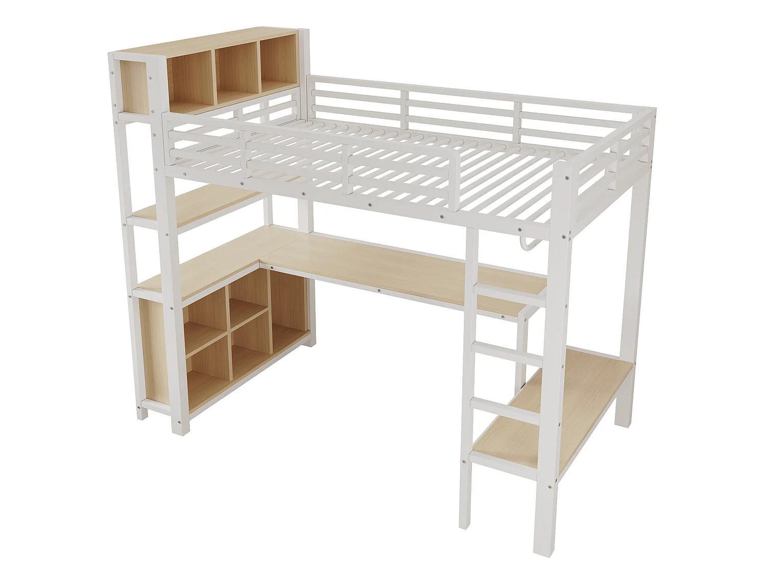 Cama alta 90x200 cm de metal y MDF blanco con escritorio, armario colgante y espacios de almacenamiento, sin colchón