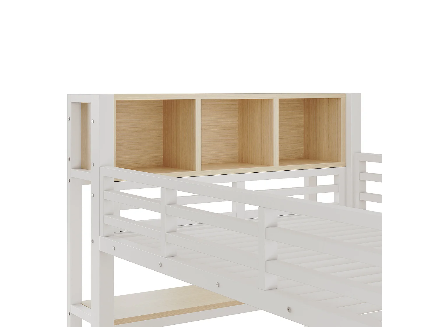 Cama alta 90x200 cm de metal y MDF blanco con escritorio, armario colgante y espacios de almacenamiento, sin colchón