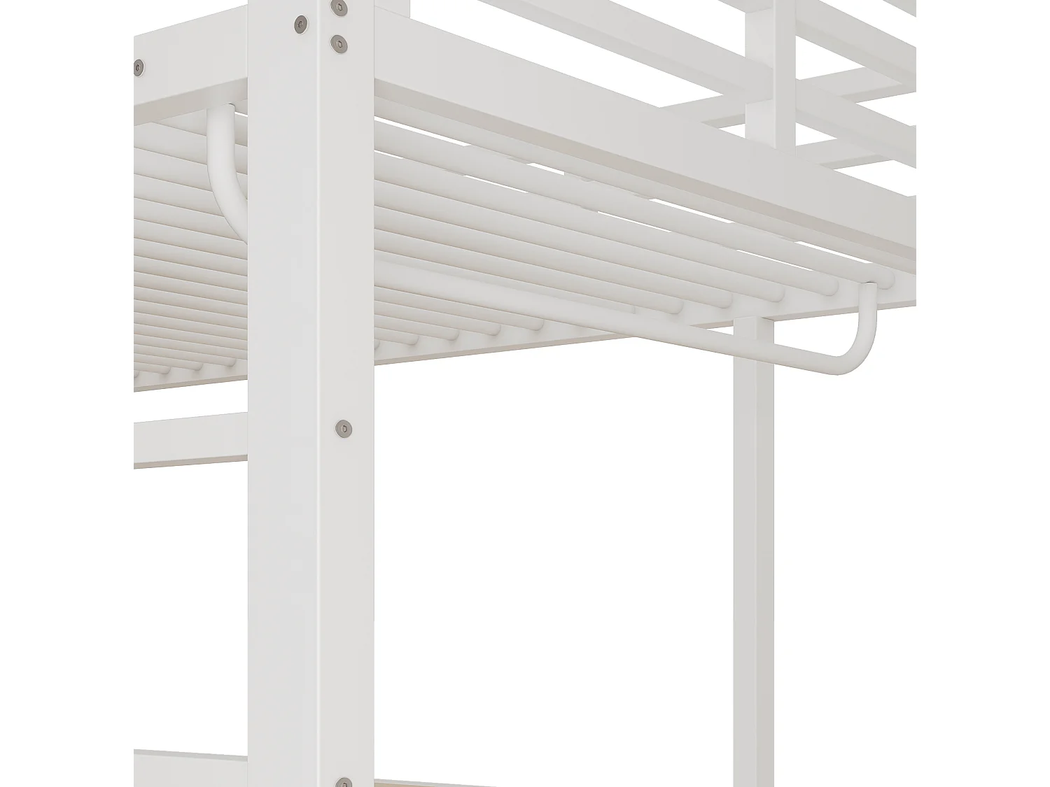 Cama alta 90x200 cm de metal y MDF blanco con escritorio, armario colgante y espacios de almacenamiento, sin colchón