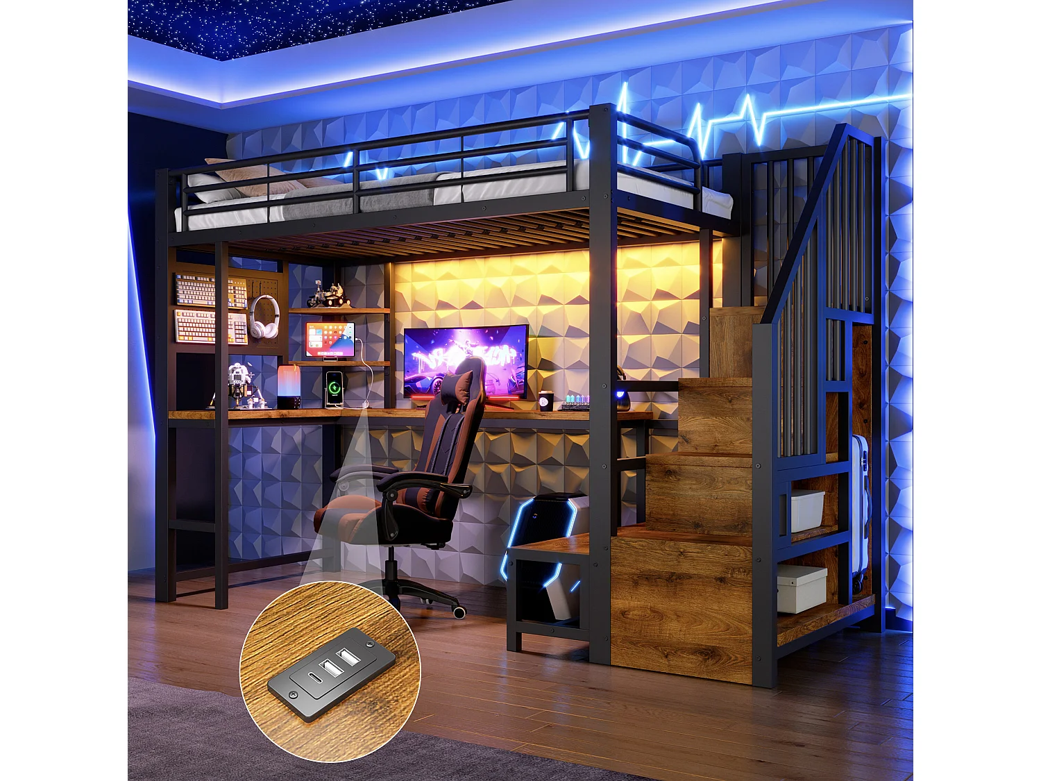 Cama alta 90x200 cm de metal y MDF negro con escritorio, espacios de almacenamiento, LED y puertos USB y Type‑C, sin colchón