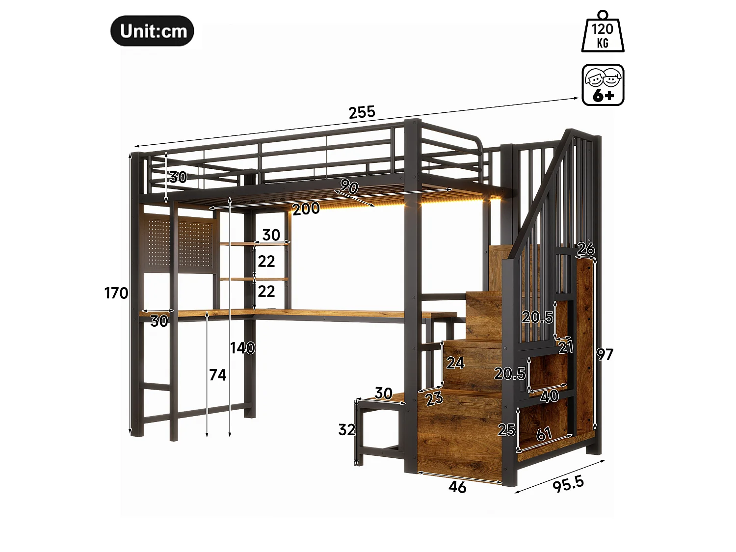 Cama alta 90x200 cm de metal y MDF negro con escritorio, espacios de almacenamiento, LED y puertos USB y Type‑C, sin colchón