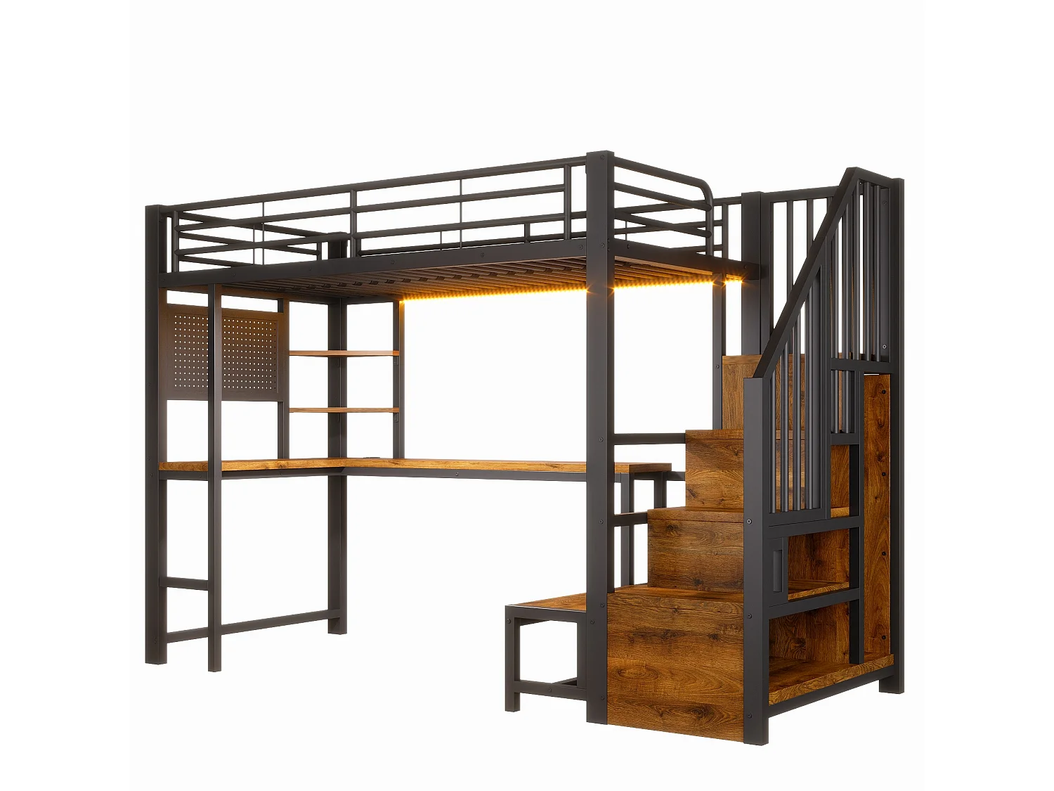 Cama alta 90x200 cm de metal y MDF negro con escritorio, espacios de almacenamiento, LED y puertos USB y Type‑C, sin colchón