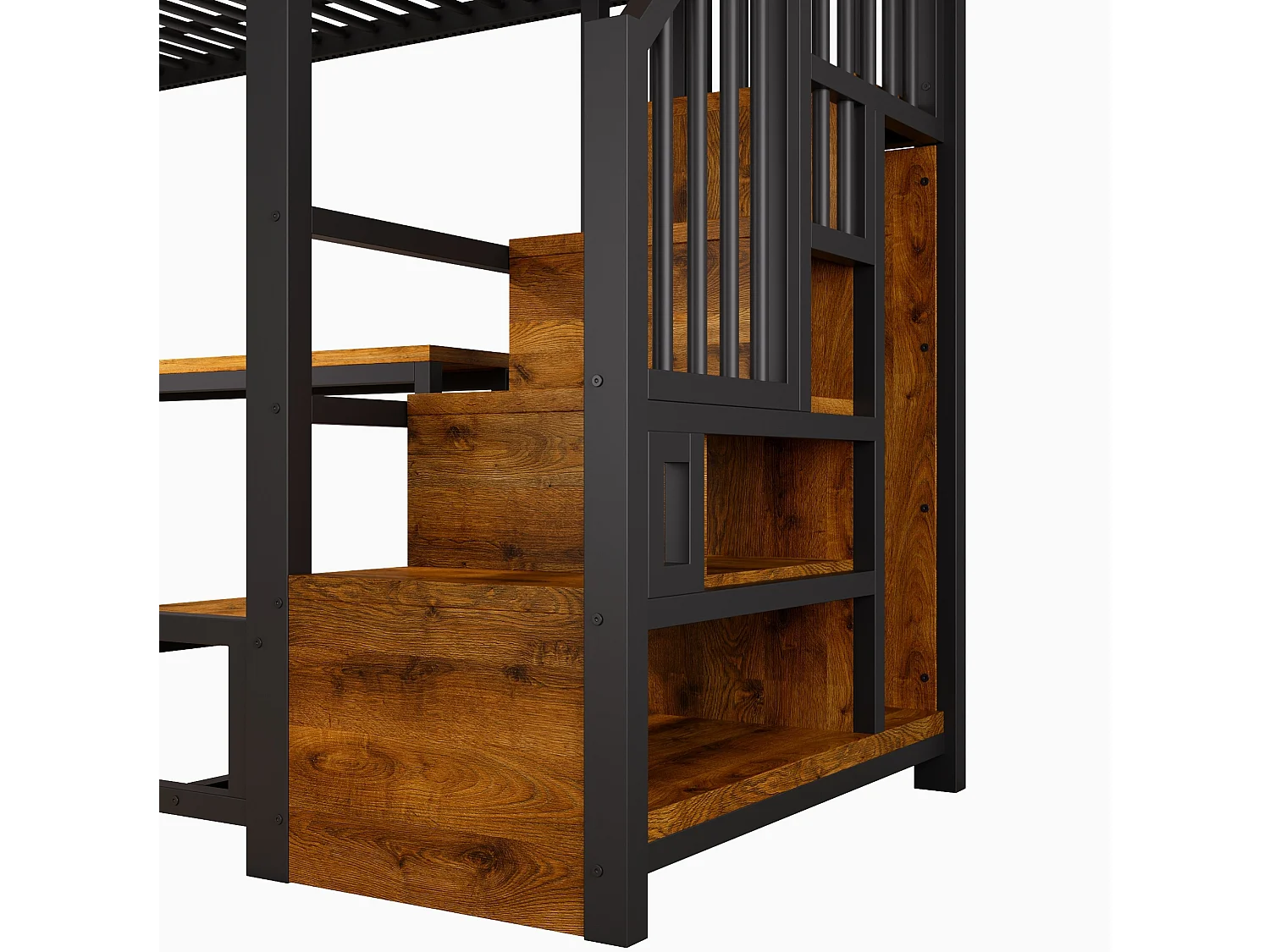Cama alta 90x200 cm de metal y MDF negro con escritorio, espacios de almacenamiento, LED y puertos USB y Type‑C, sin colchón