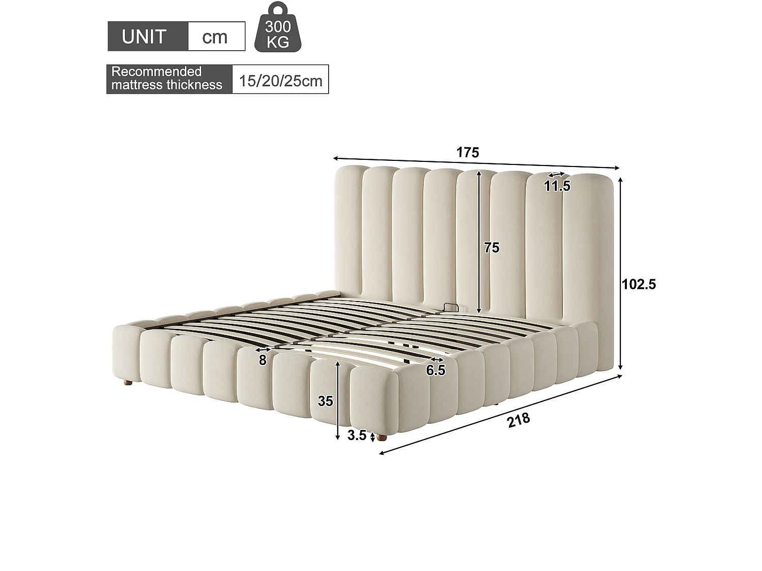 Cama baúl 160x200 cm de terciopelo beige con cabecero y somier de láminas, sin colchón