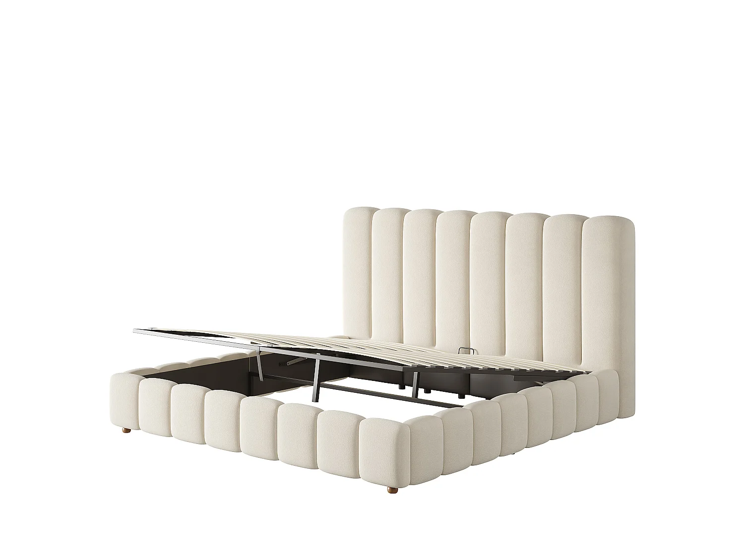 Cama baúl 160x200 cm de terciopelo beige con cabecero y somier de láminas, sin colchón