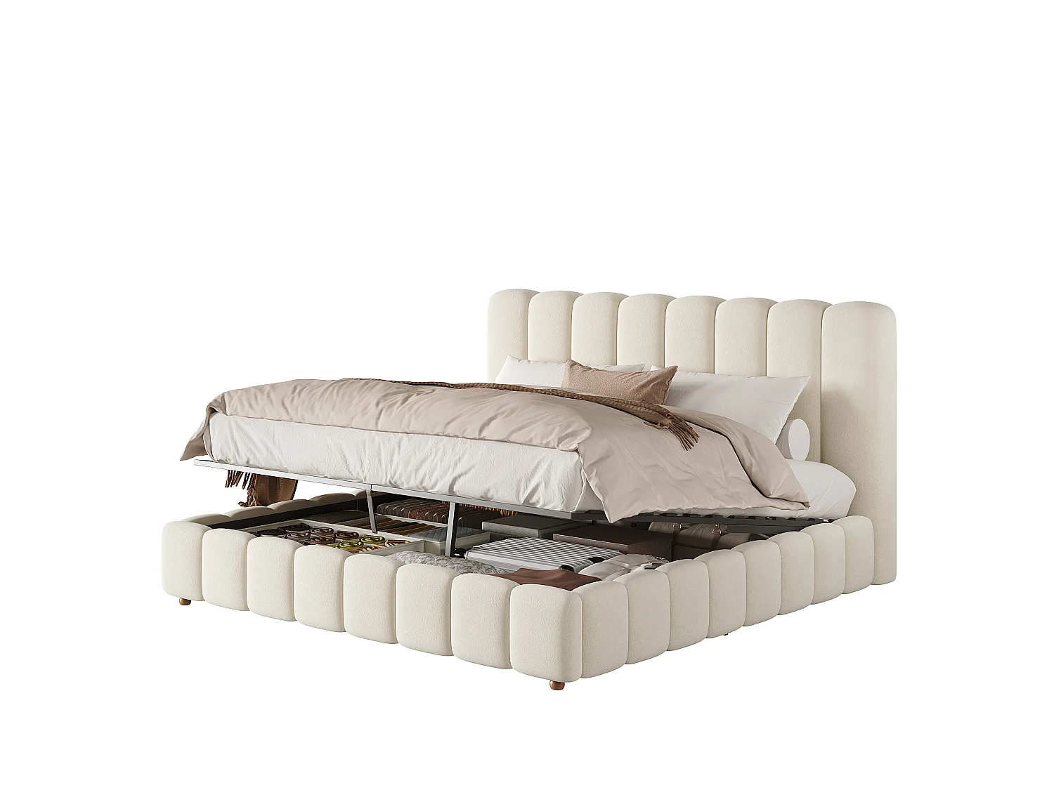 Cama baúl 160x200 cm de terciopelo beige con cabecero y somier de láminas, sin colchón