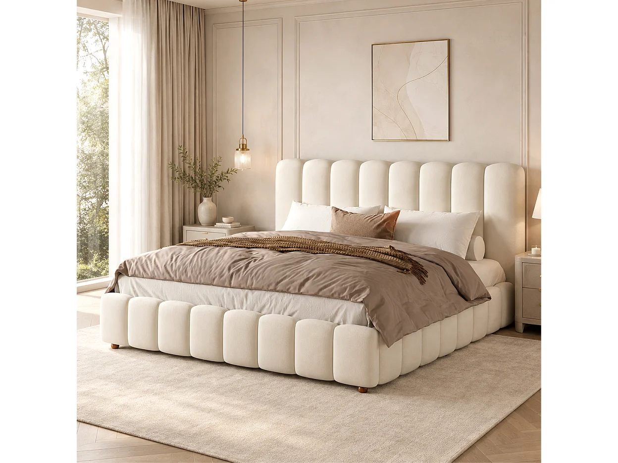 Cama baúl 160x200 cm de terciopelo beige con cabecero y somier de láminas, sin colchón