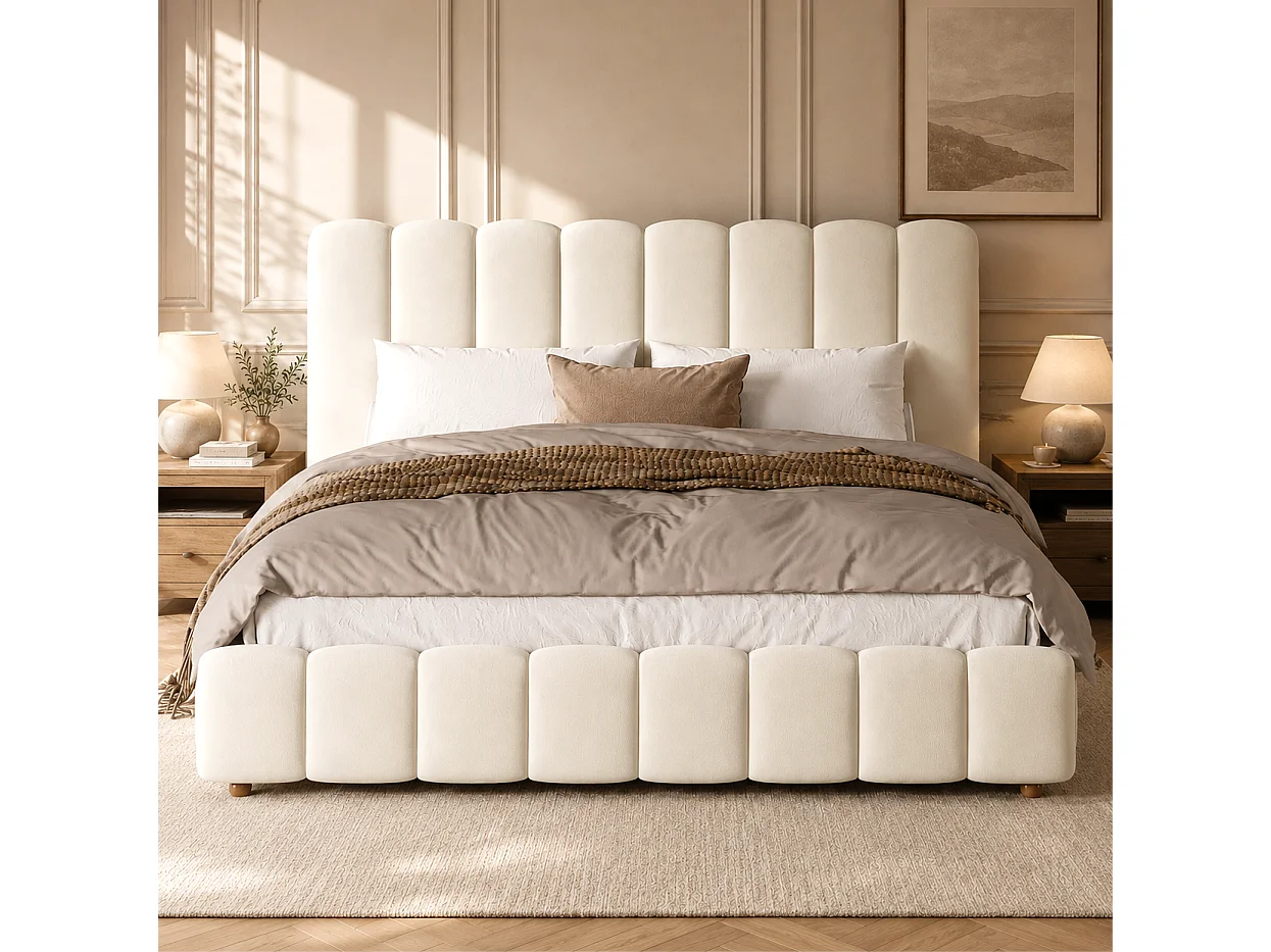 Cama baúl 160x200 cm de terciopelo beige con cabecero y somier de láminas, sin colchón