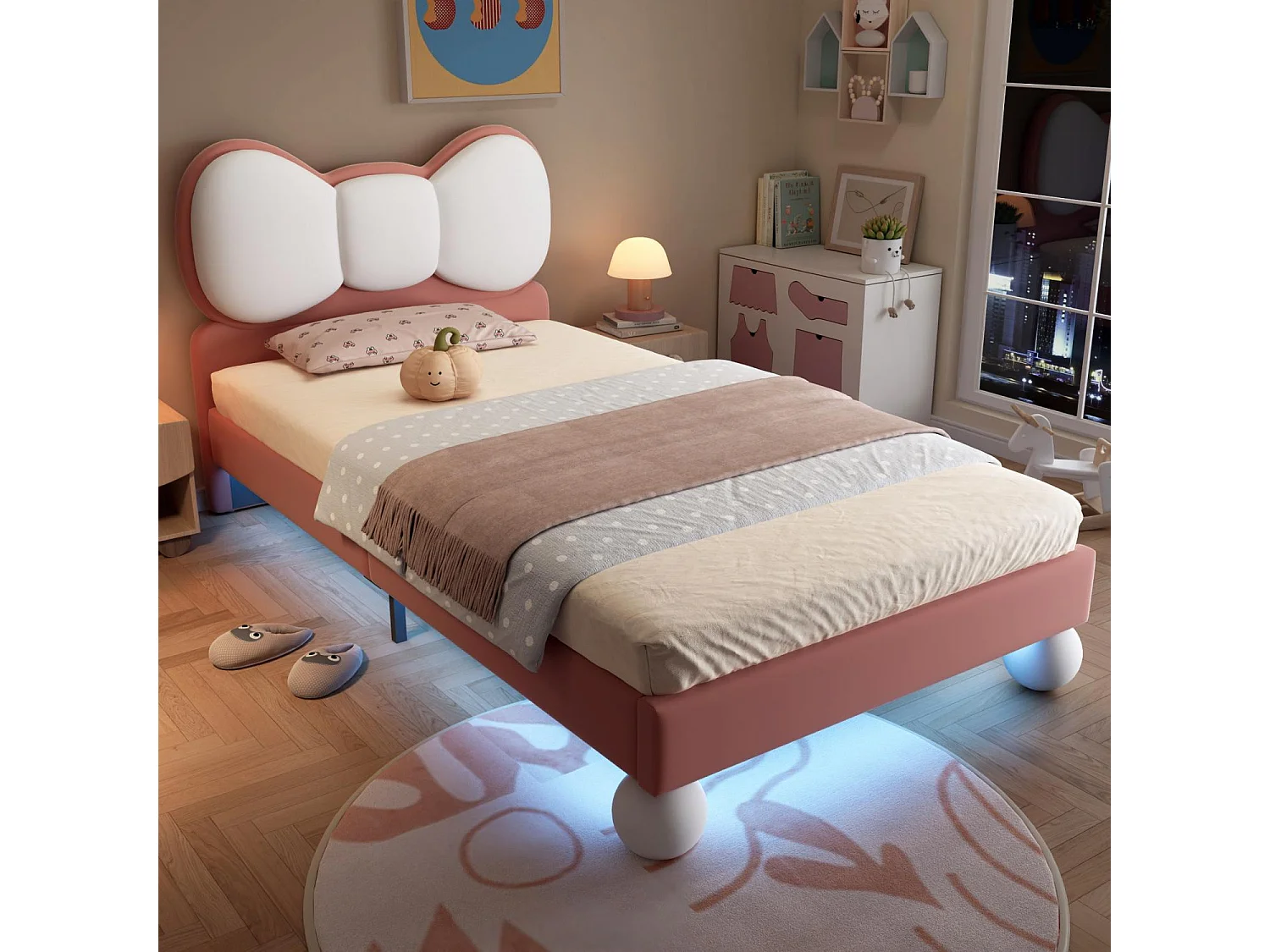 Élégant Lit Enfant 90x200 cm avec Éclairage LED, Revêtement en Velours, Tête de Lit Papillon en Rose-Beige