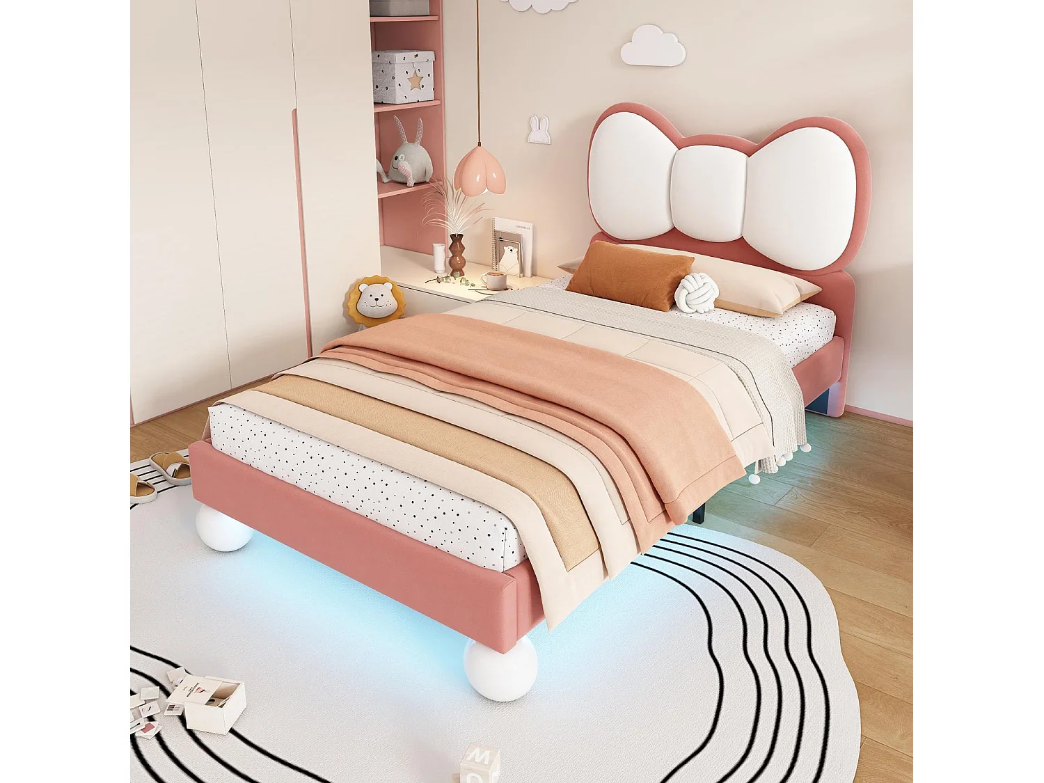 Élégant Lit Enfant 90x200 cm avec Éclairage LED, Revêtement en Velours, Tête de Lit Papillon en Rose-Beige