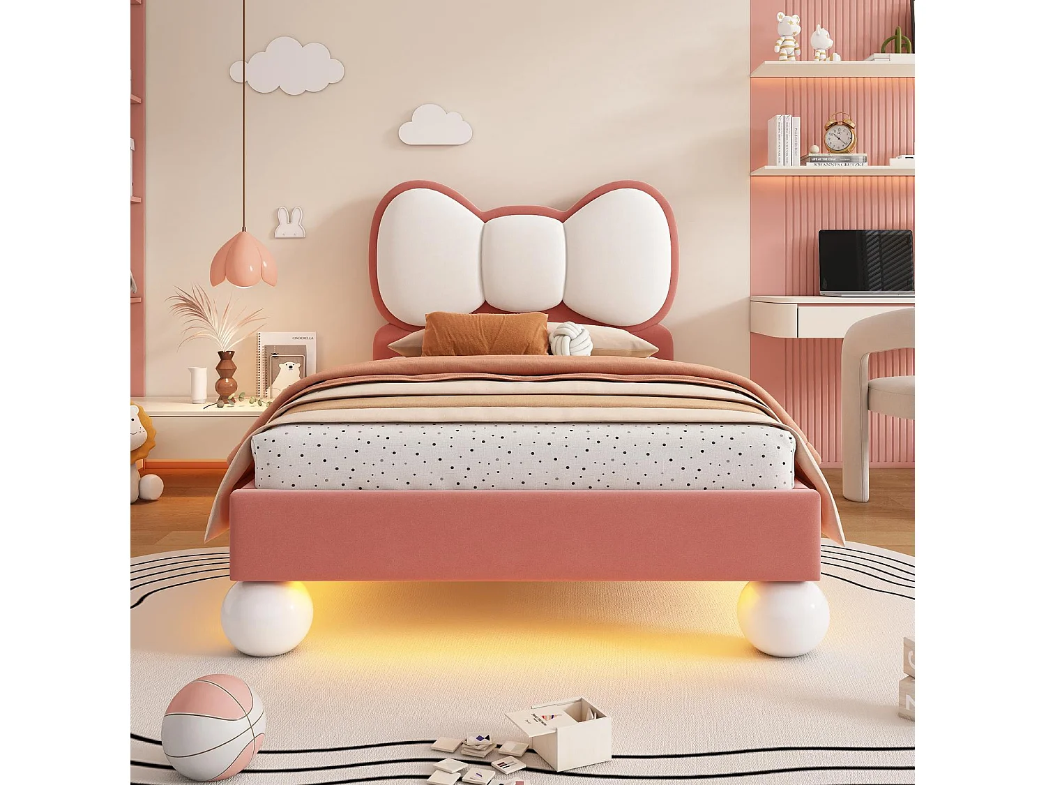 Élégant Lit Enfant 90x200 cm avec Éclairage LED, Revêtement en Velours, Tête de Lit Papillon en Rose-Beige