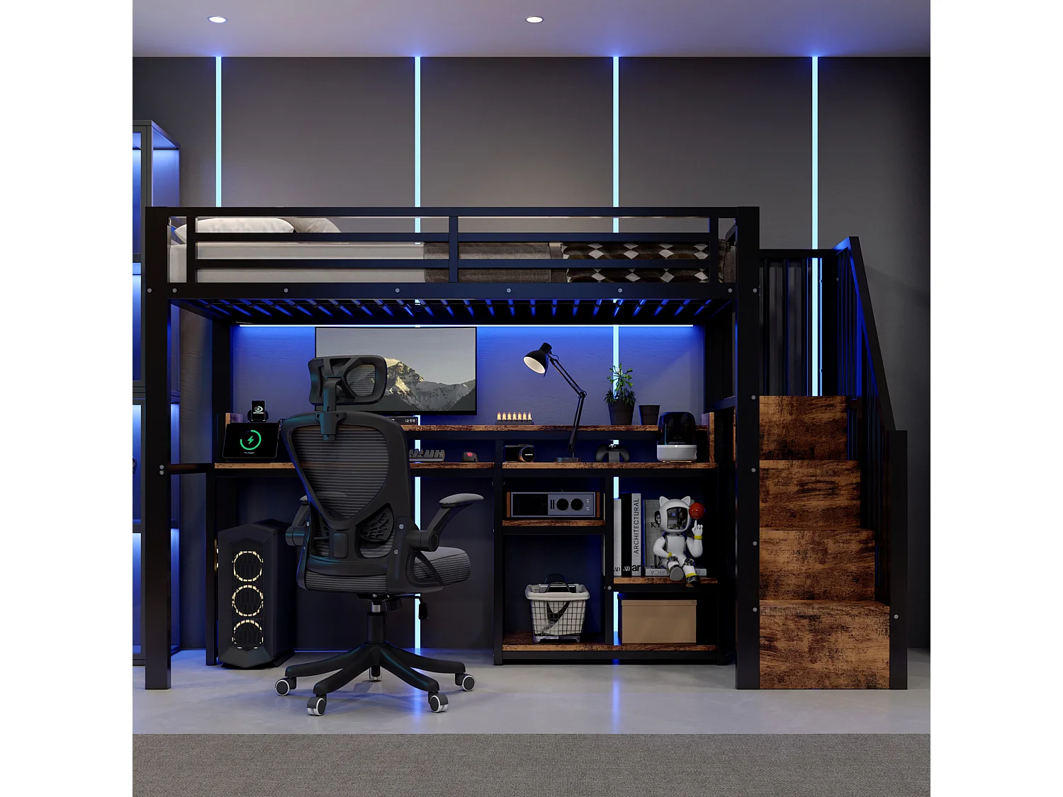 Cama alta 90x200 cm de metal y MDF negro con escritorio de ordenador, espacios de almacenamiento, LED, sin colchón