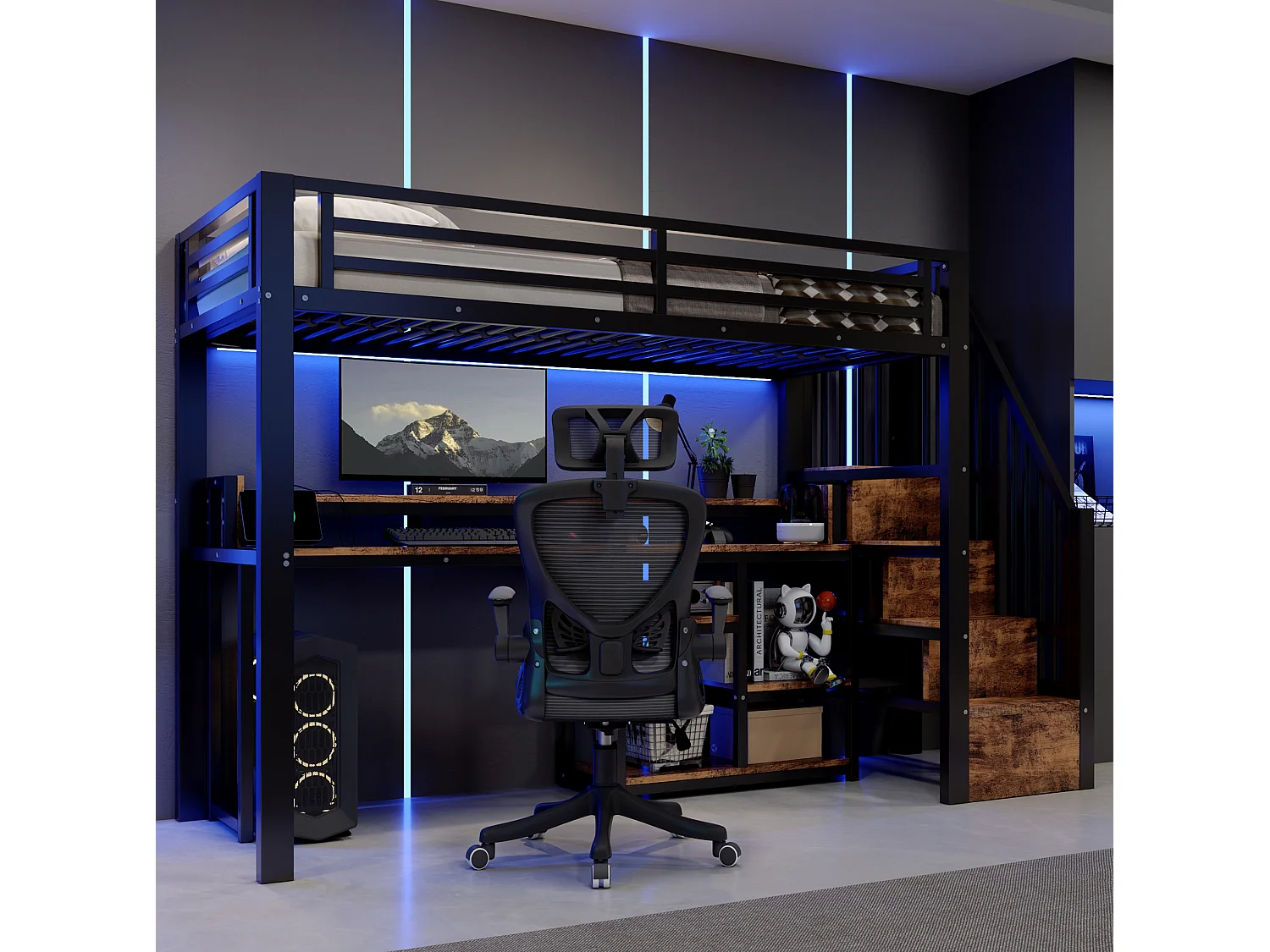 Cama alta 90x200 cm de metal y MDF negro con escritorio de ordenador, espacios de almacenamiento, LED, sin colchón