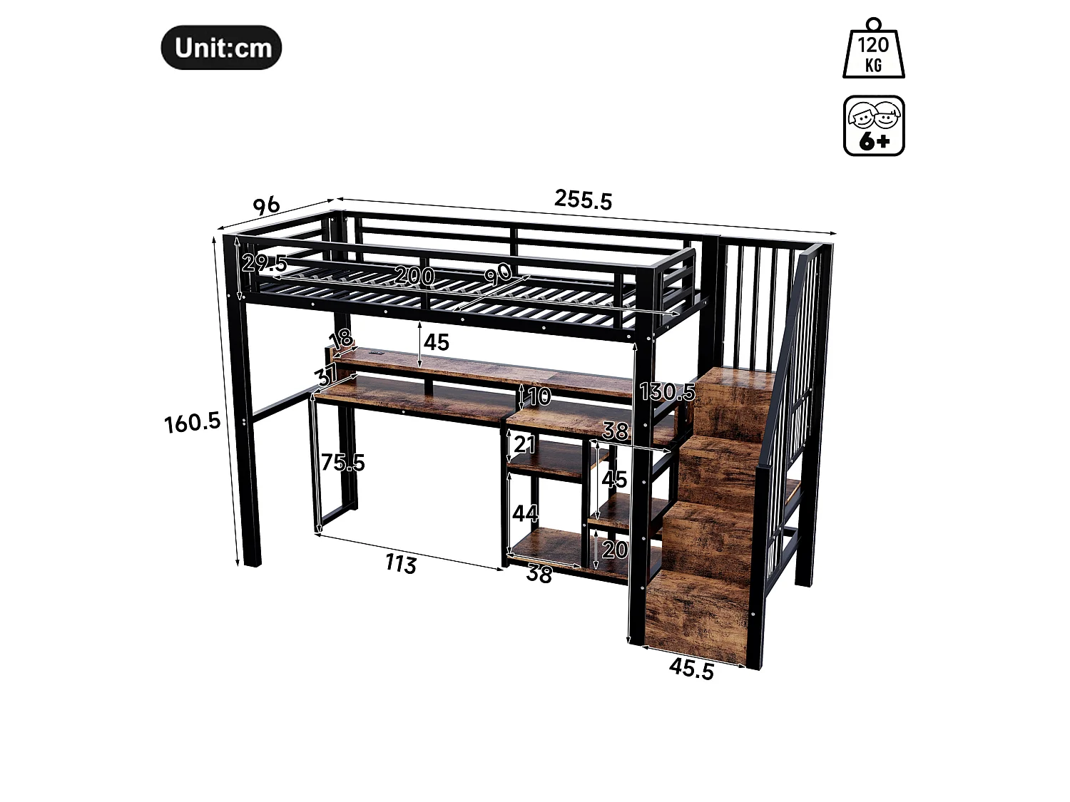Cama alta 90x200 cm de metal y MDF negro con escritorio de ordenador, espacios de almacenamiento, LED, sin colchón