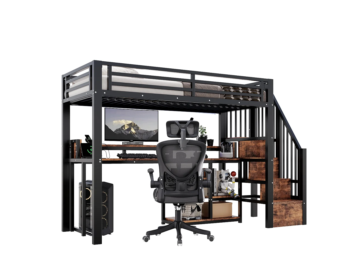 Cama alta 90x200 cm de metal y MDF negro con escritorio de ordenador, espacios de almacenamiento, LED, sin colchón