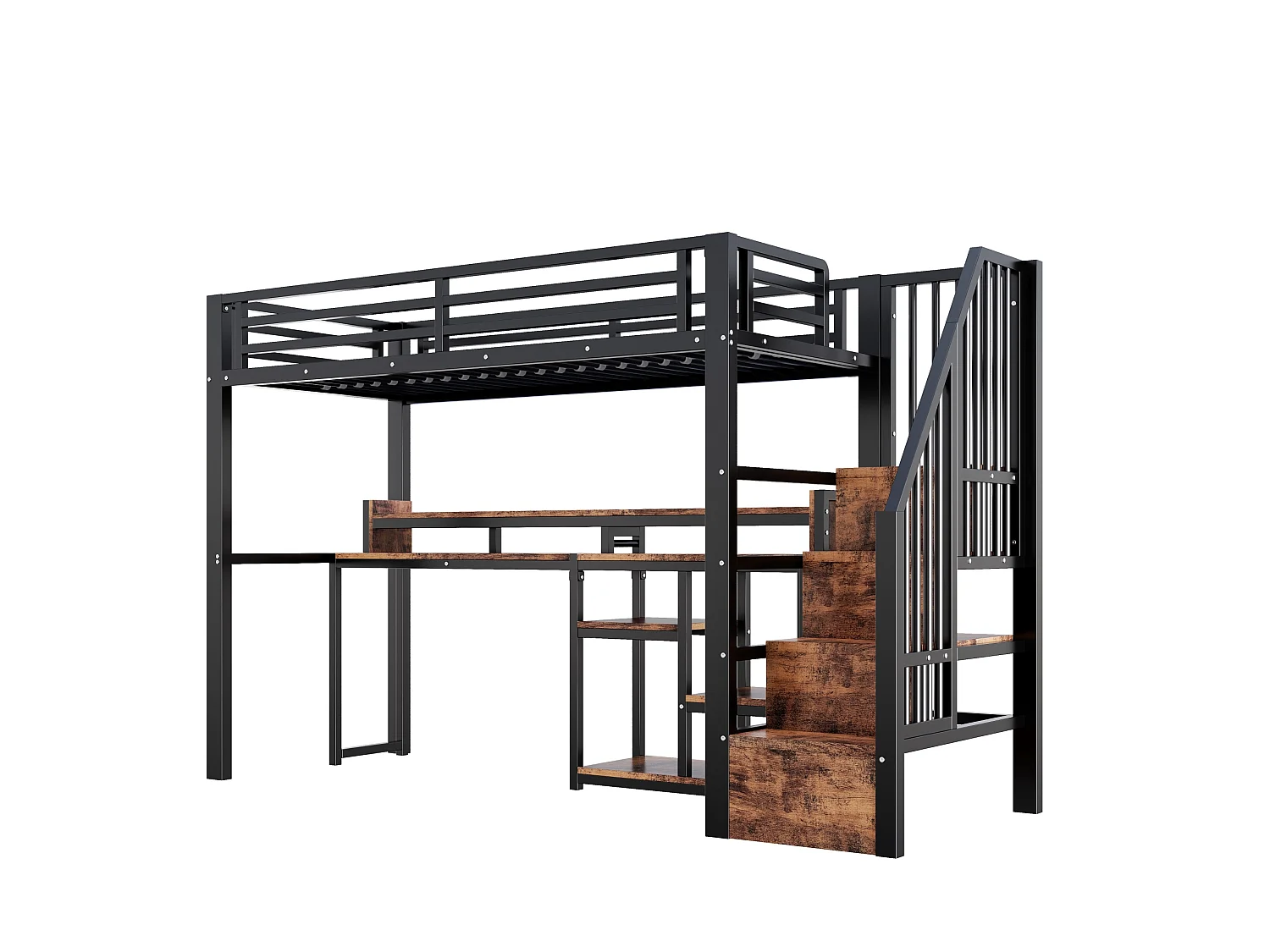 Cama alta 90x200 cm de metal y MDF negro con escritorio de ordenador, espacios de almacenamiento, LED, sin colchón