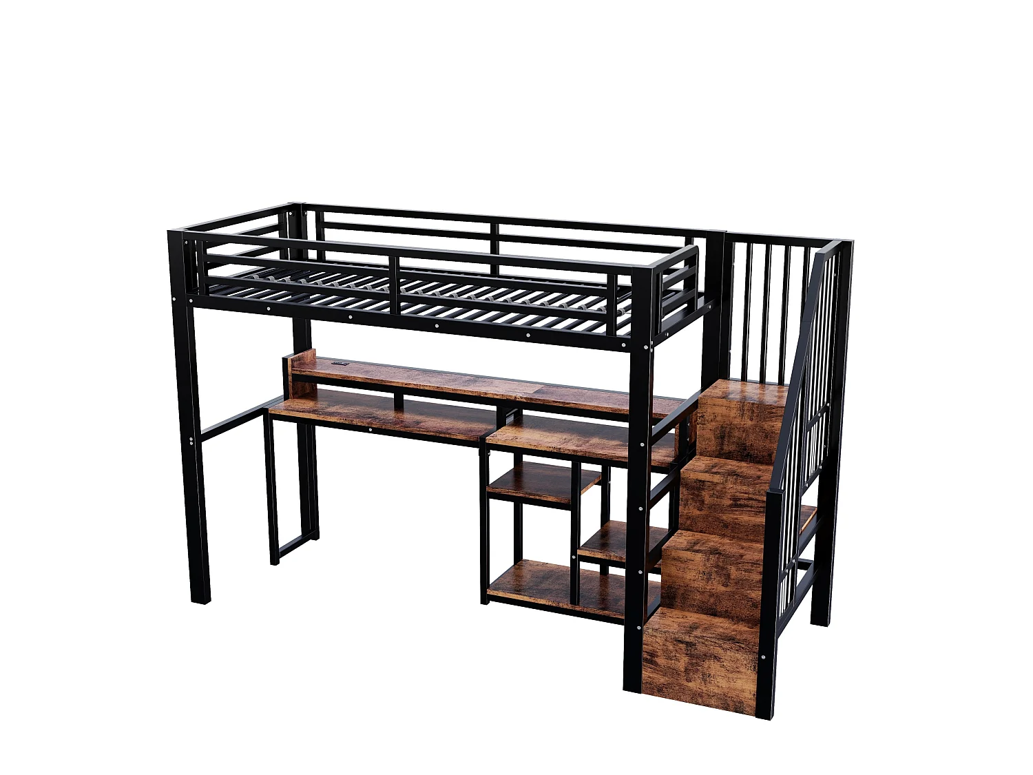 Cama alta 90x200 cm de metal y MDF negro con escritorio de ordenador, espacios de almacenamiento, LED, sin colchón