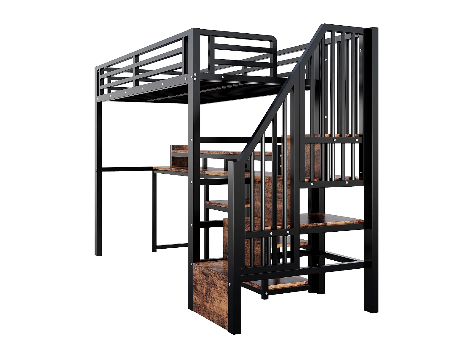 Cama alta 90x200 cm de metal y MDF negro con escritorio de ordenador, espacios de almacenamiento, LED, sin colchón