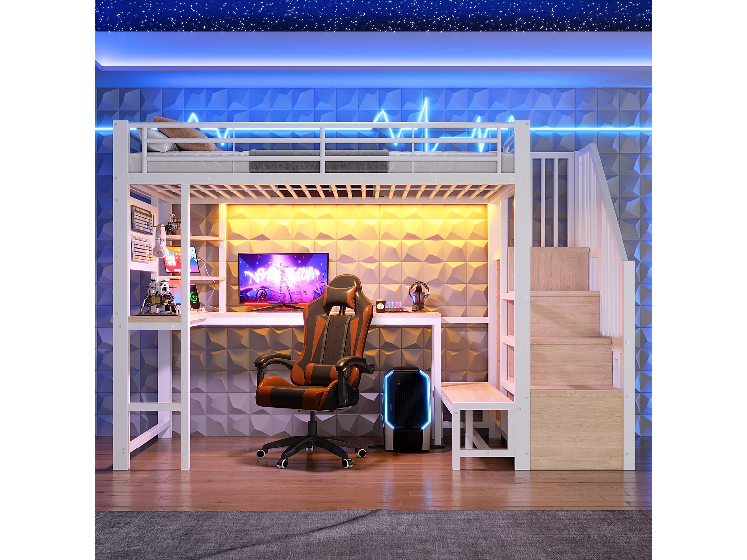 Cama alta 90x200 cm de metal y MDF blanco con escritorio, espacios de almacenamiento, LED y puertos USB y Type‑C, sin colchón