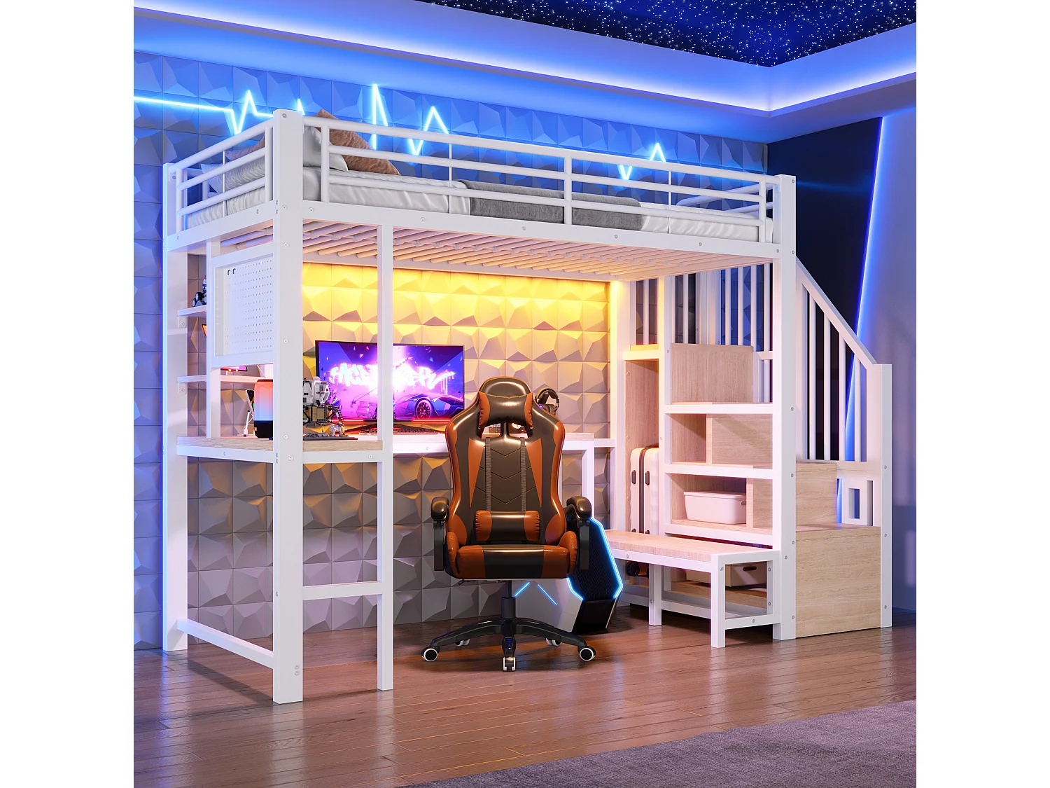 Cama alta 90x200 cm de metal y MDF blanco con escritorio, espacios de almacenamiento, LED y puertos USB y Type‑C, sin colchón
