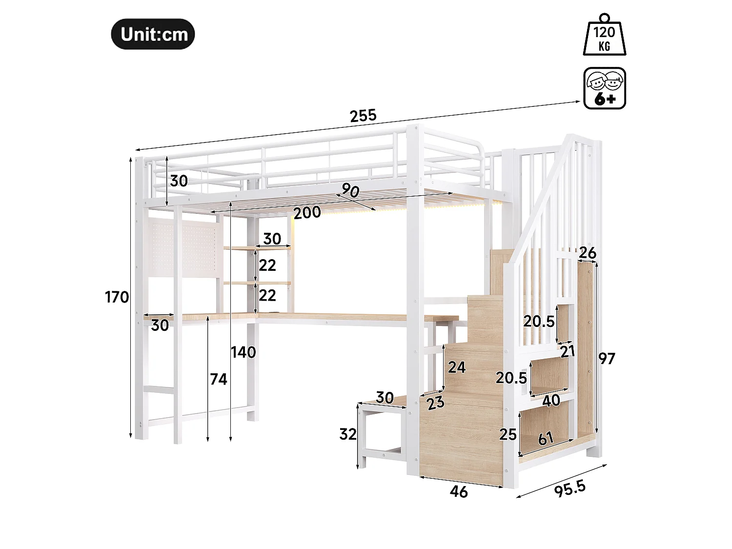 Cama alta 90x200 cm de metal y MDF blanco con escritorio, espacios de almacenamiento, LED y puertos USB y Type‑C, sin colchón