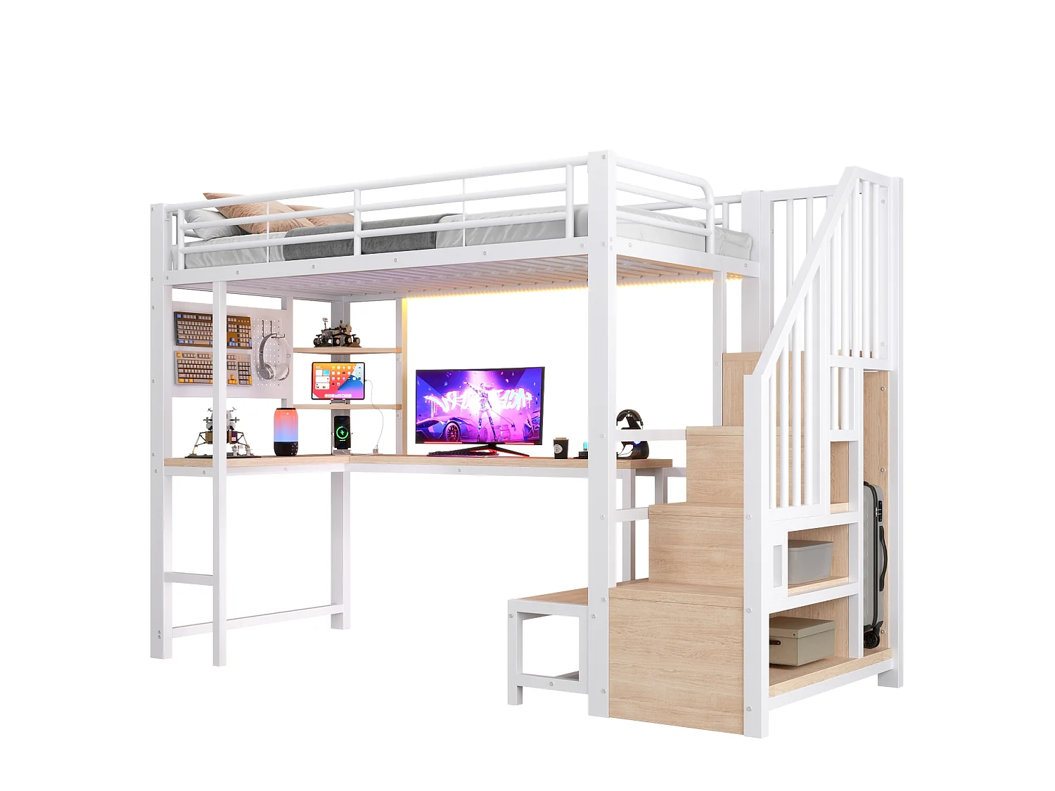 Cama alta 90x200 cm de metal y MDF blanco con escritorio, espacios de almacenamiento, LED y puertos USB y Type‑C, sin colchón