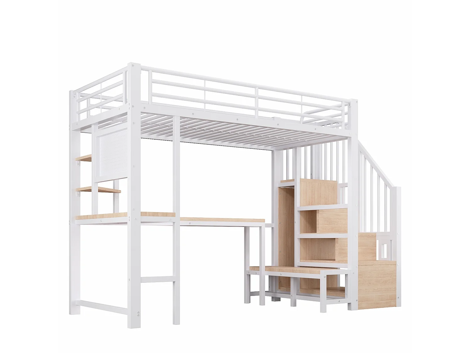 Cama alta 90x200 cm de metal y MDF blanco con escritorio, espacios de almacenamiento, LED y puertos USB y Type‑C, sin colchón