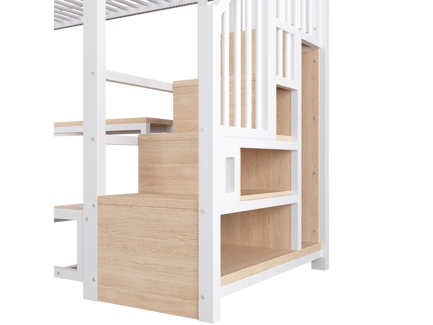 Cama alta 90x200 cm de metal y MDF blanco con escritorio, espacios de almacenamiento, LED y puertos USB y Type‑C, sin colchón