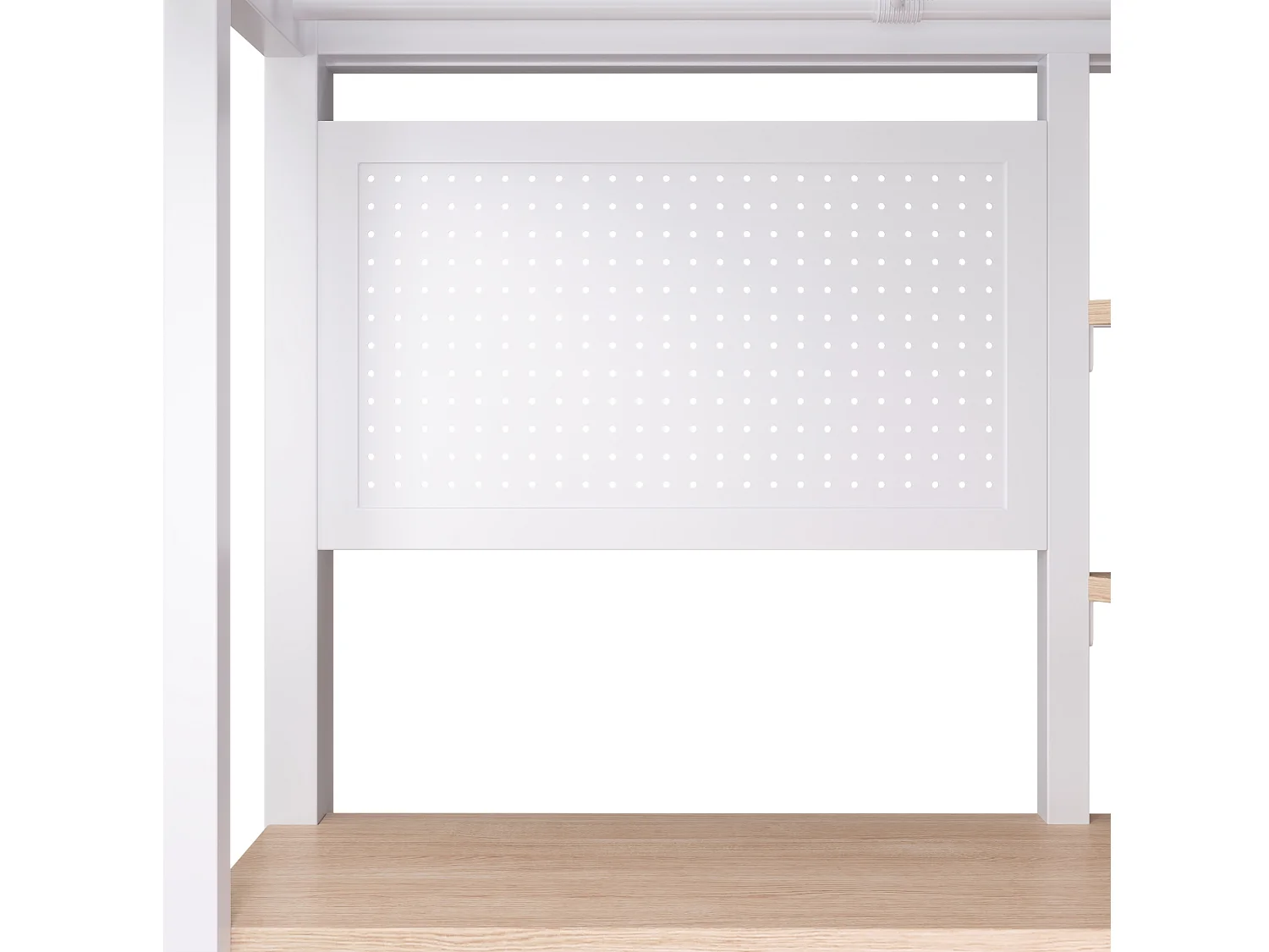 Cama alta 90x200 cm de metal y MDF blanco con escritorio, espacios de almacenamiento, LED y puertos USB y Type‑C, sin colchón