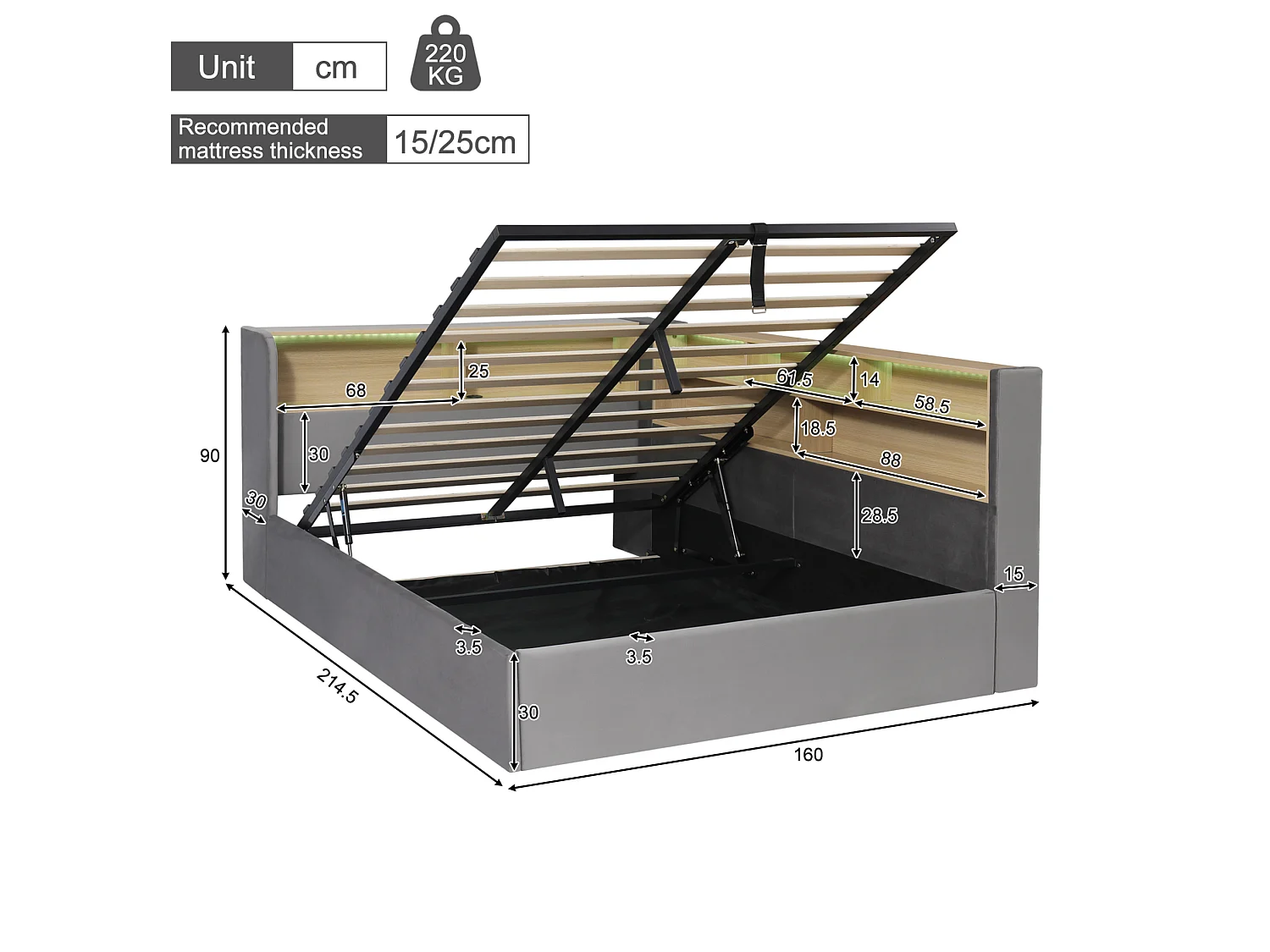 Lit coffre 140x190 cm en velours gris, tête de lit avec éclairage LED, espace de rangement, ports USB et Type‑C, sans matelas